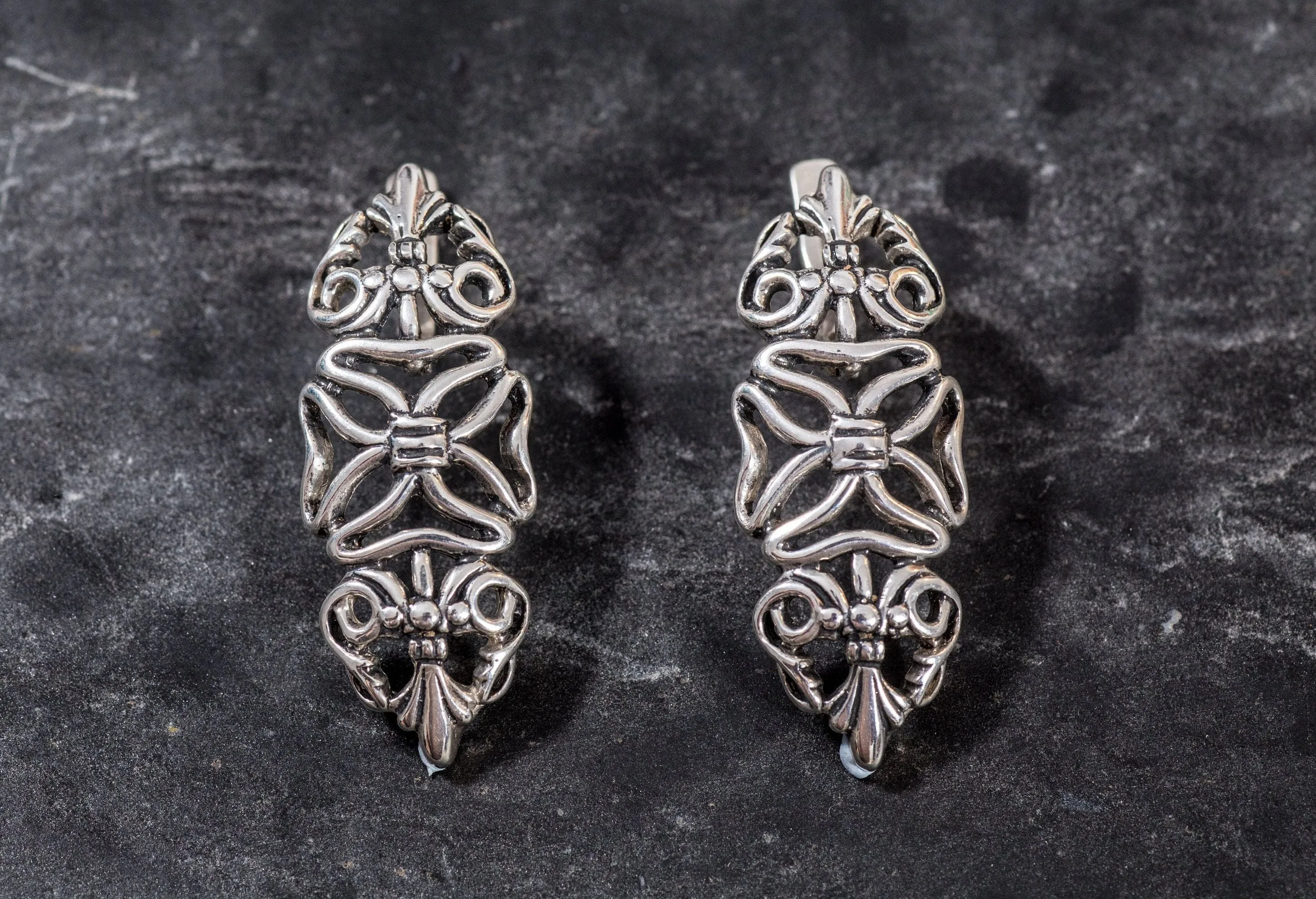 Long Silver Earrings - Ornamental Design Earrings - Statement Drop Earrings