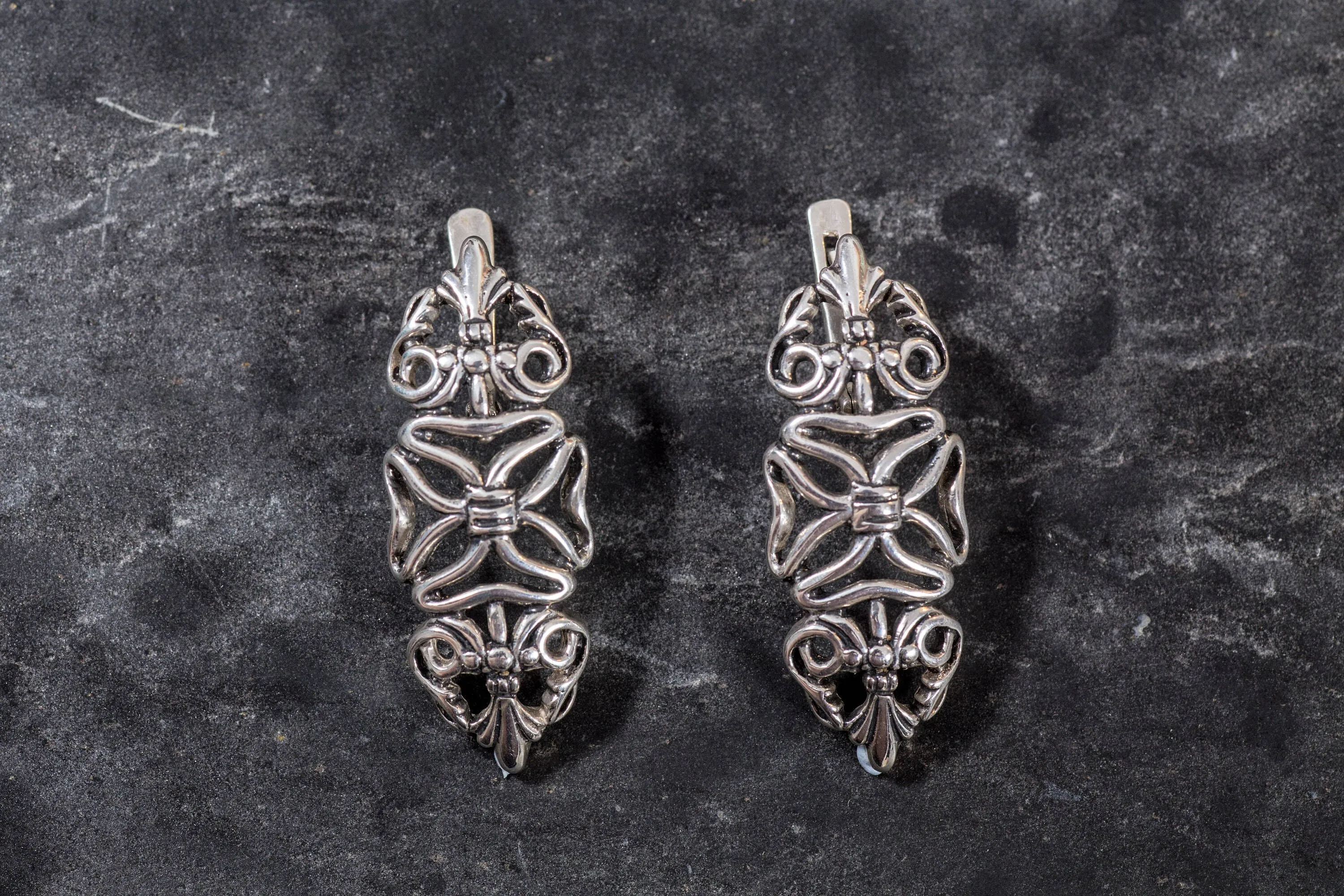 Long Silver Earrings - Ornamental Design Earrings - Statement Drop Earrings