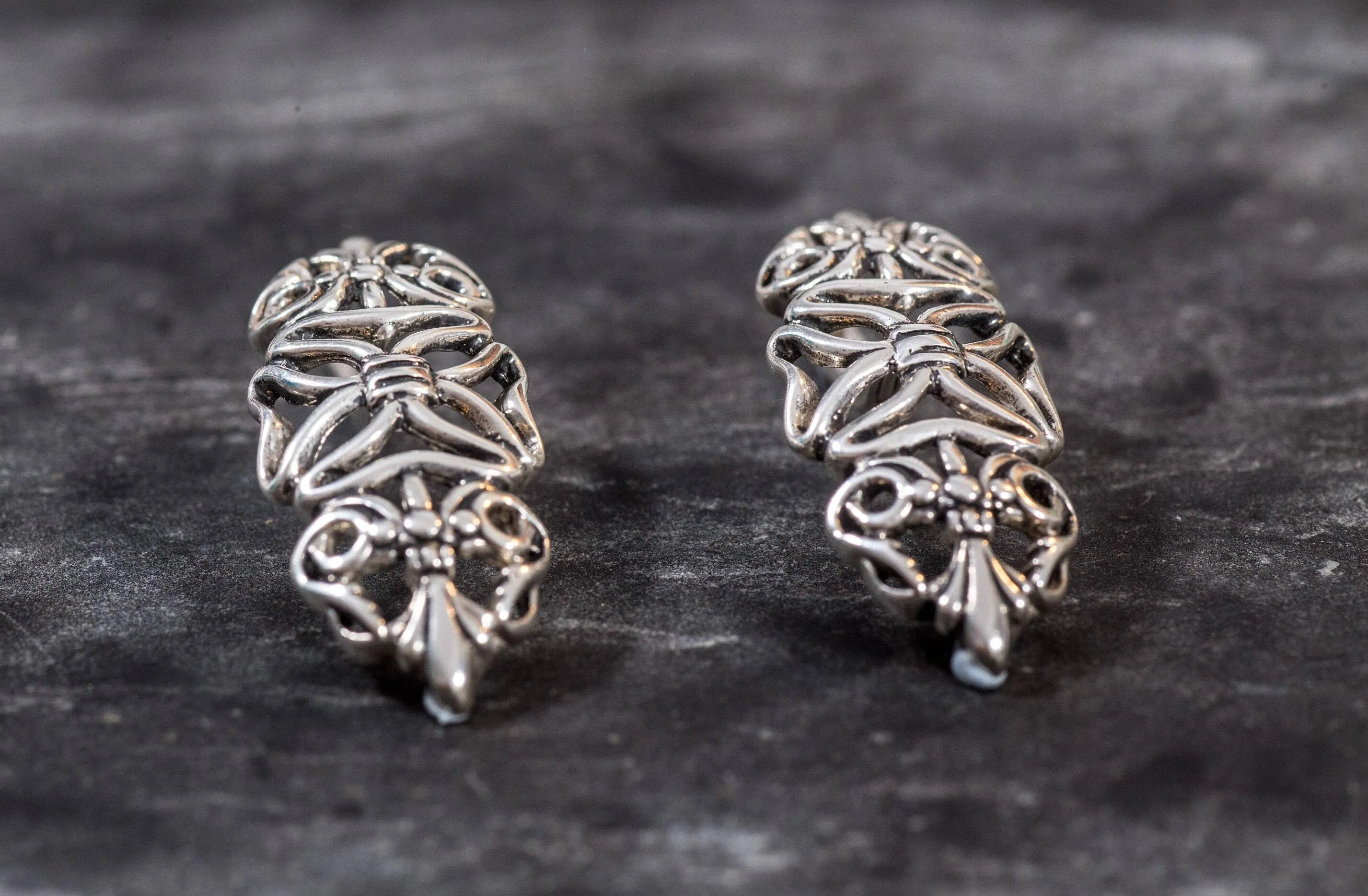 Long Silver Earrings - Ornamental Design Earrings - Statement Drop Earrings