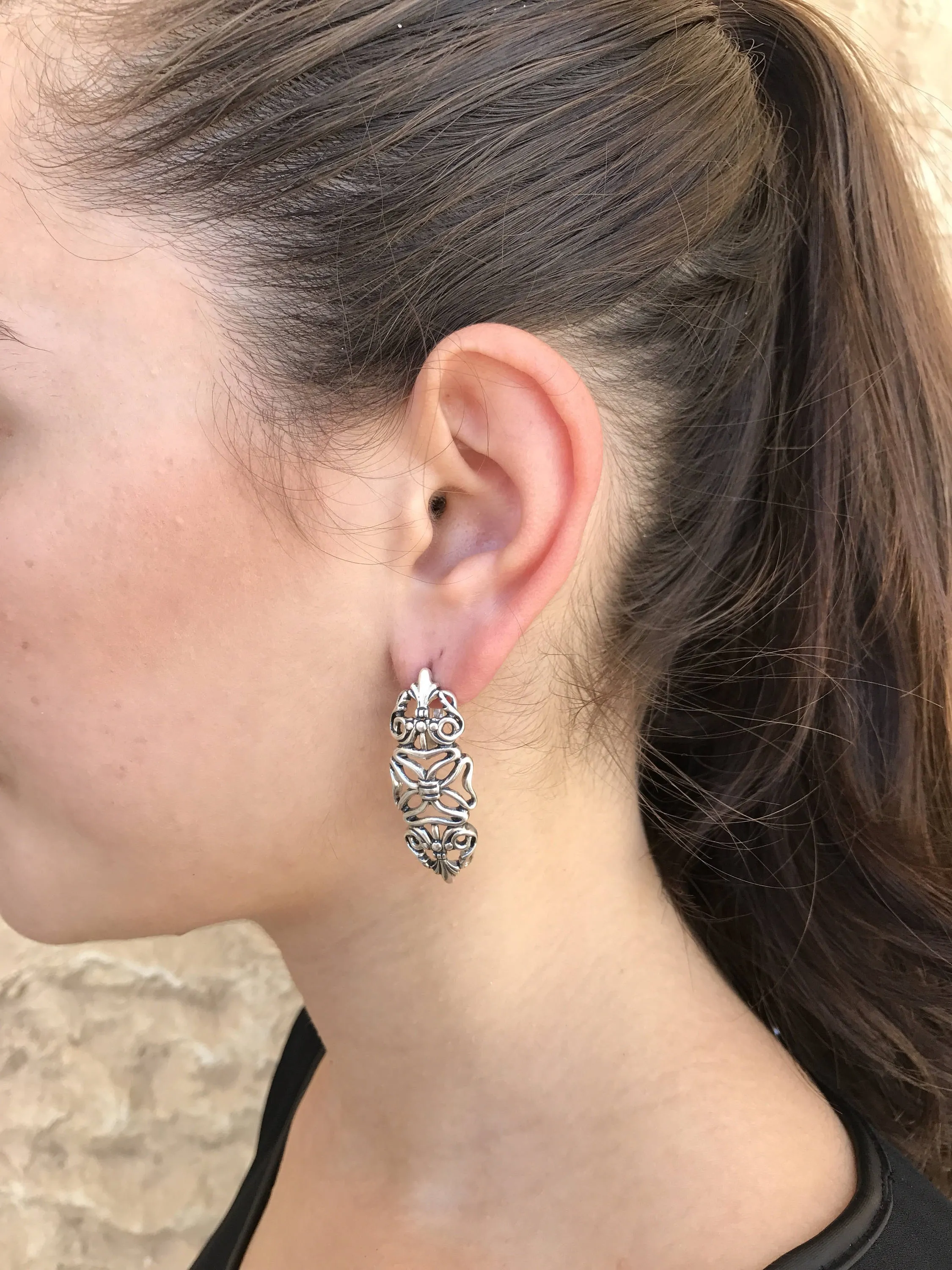 Long Silver Earrings - Ornamental Design Earrings - Statement Drop Earrings