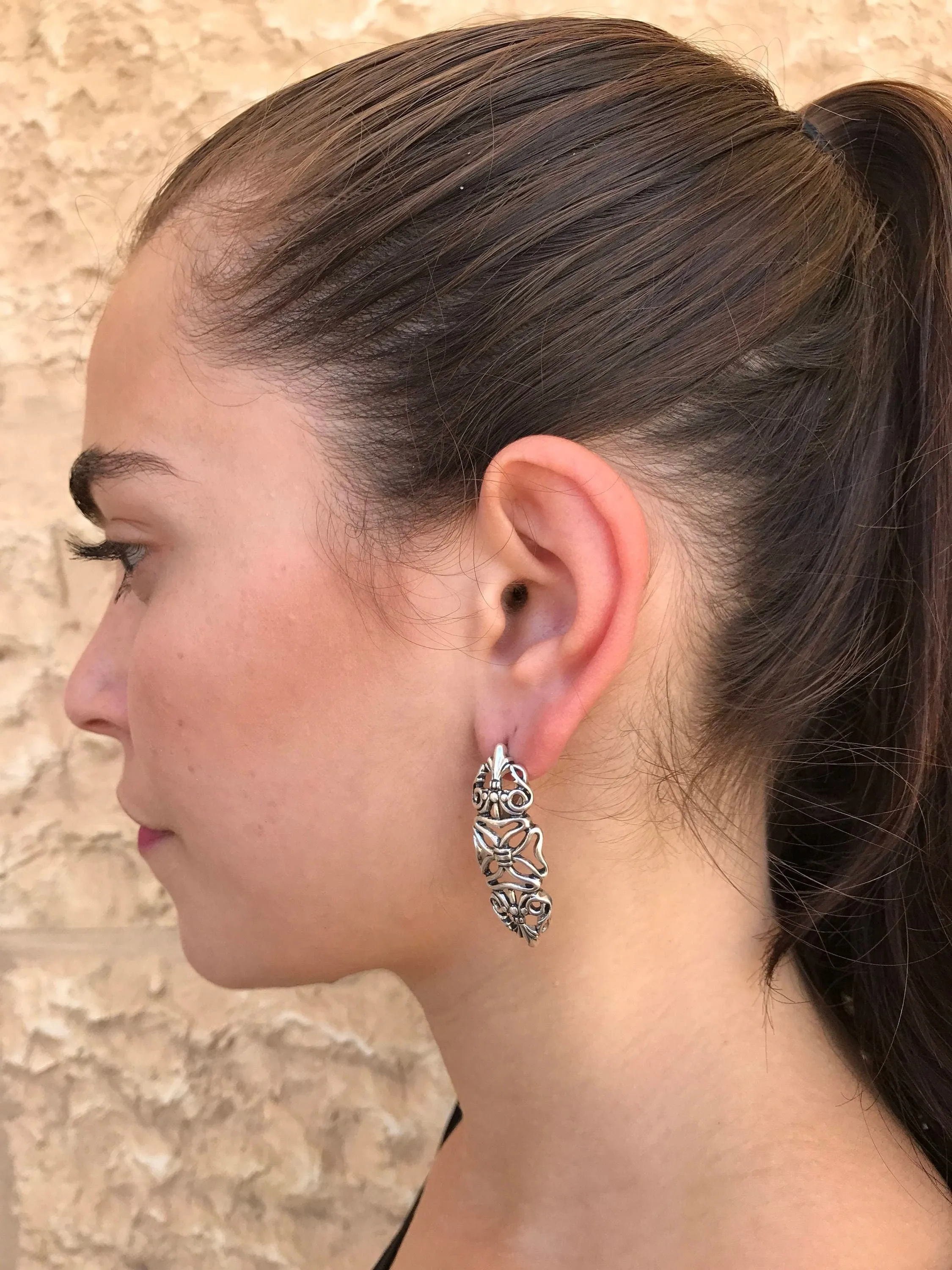 Long Silver Earrings - Ornamental Design Earrings - Statement Drop Earrings