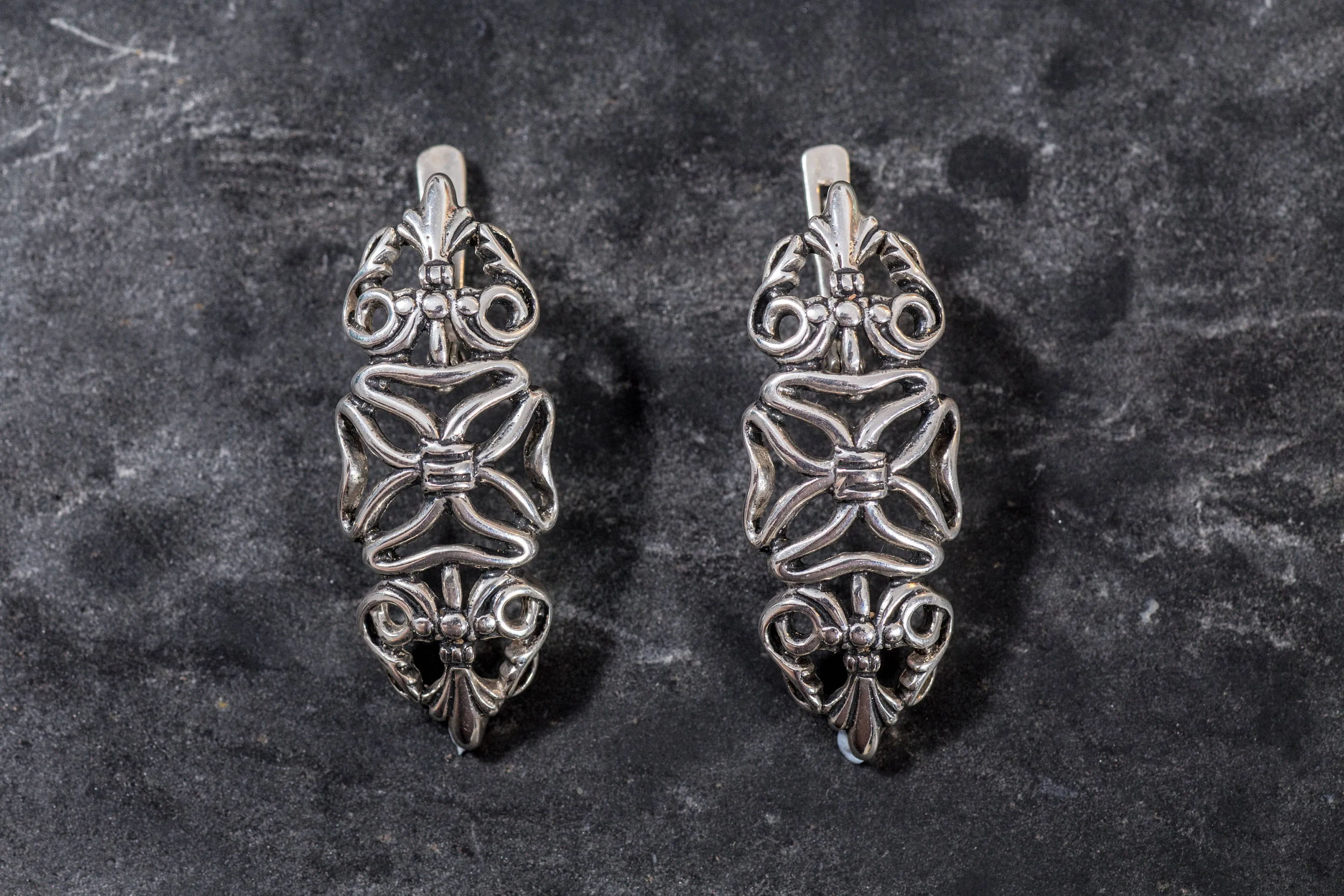 Long Silver Earrings - Ornamental Design Earrings - Statement Drop Earrings