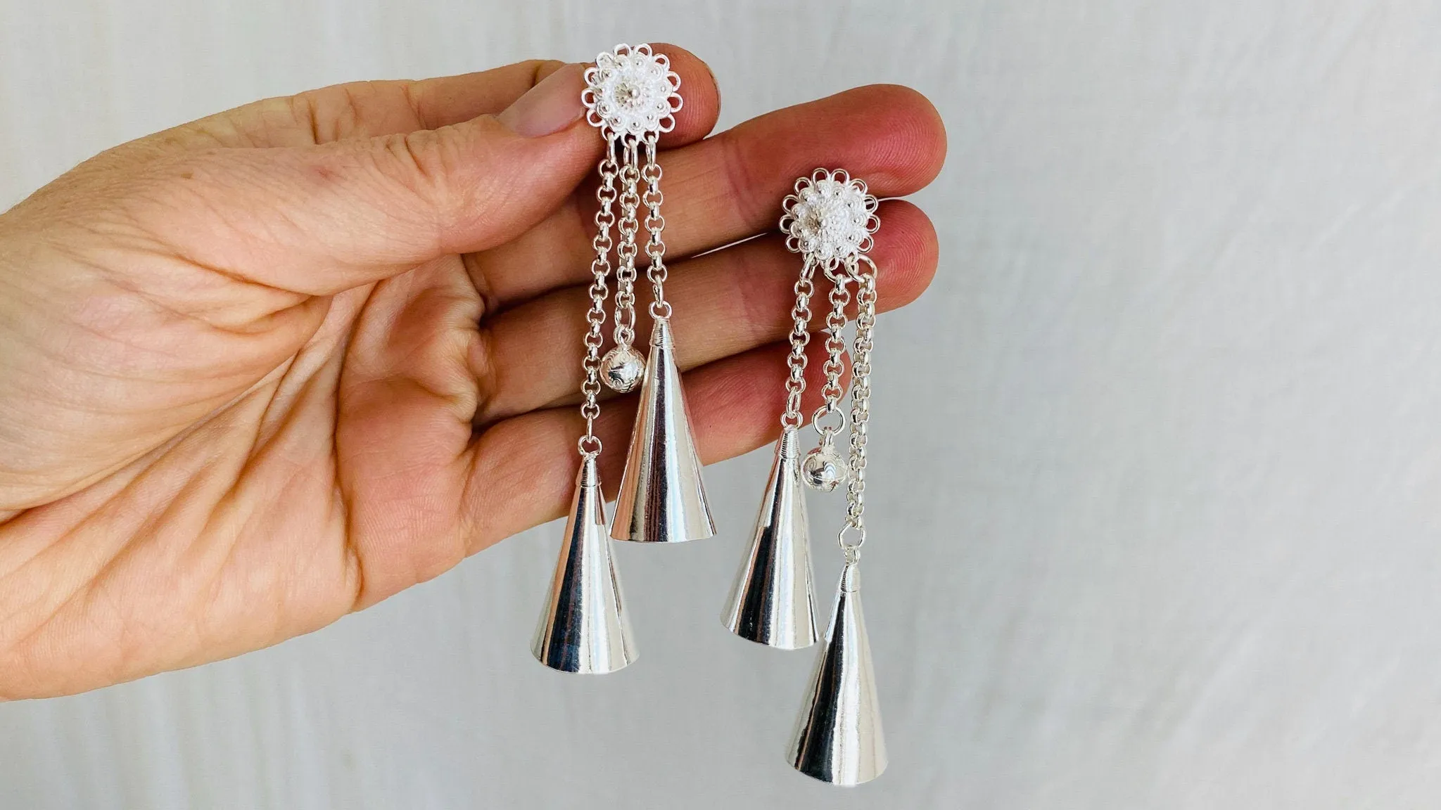 Long Silver Hmong Dangle Earrings. 0026