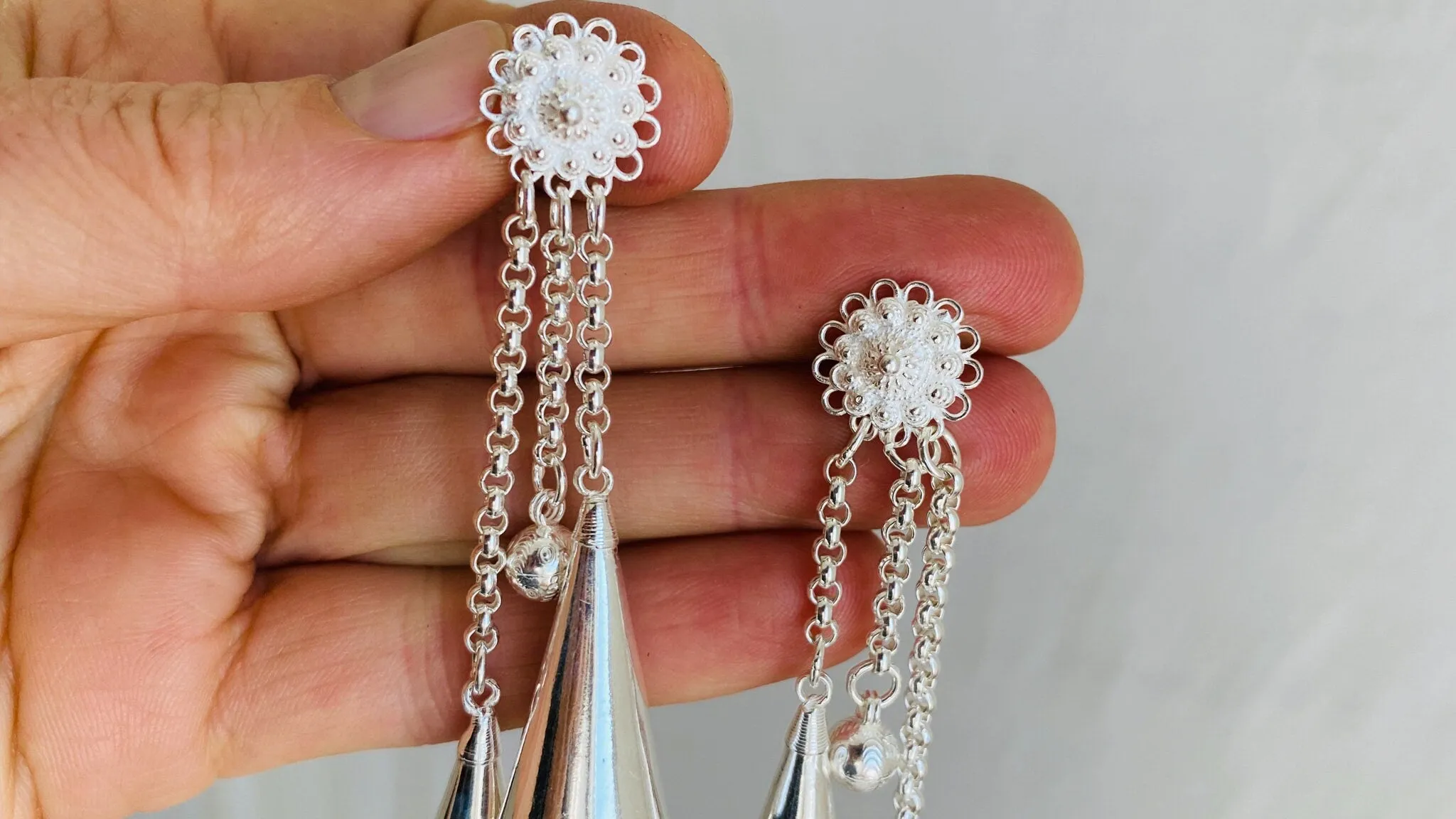 Long Silver Hmong Dangle Earrings. 0026