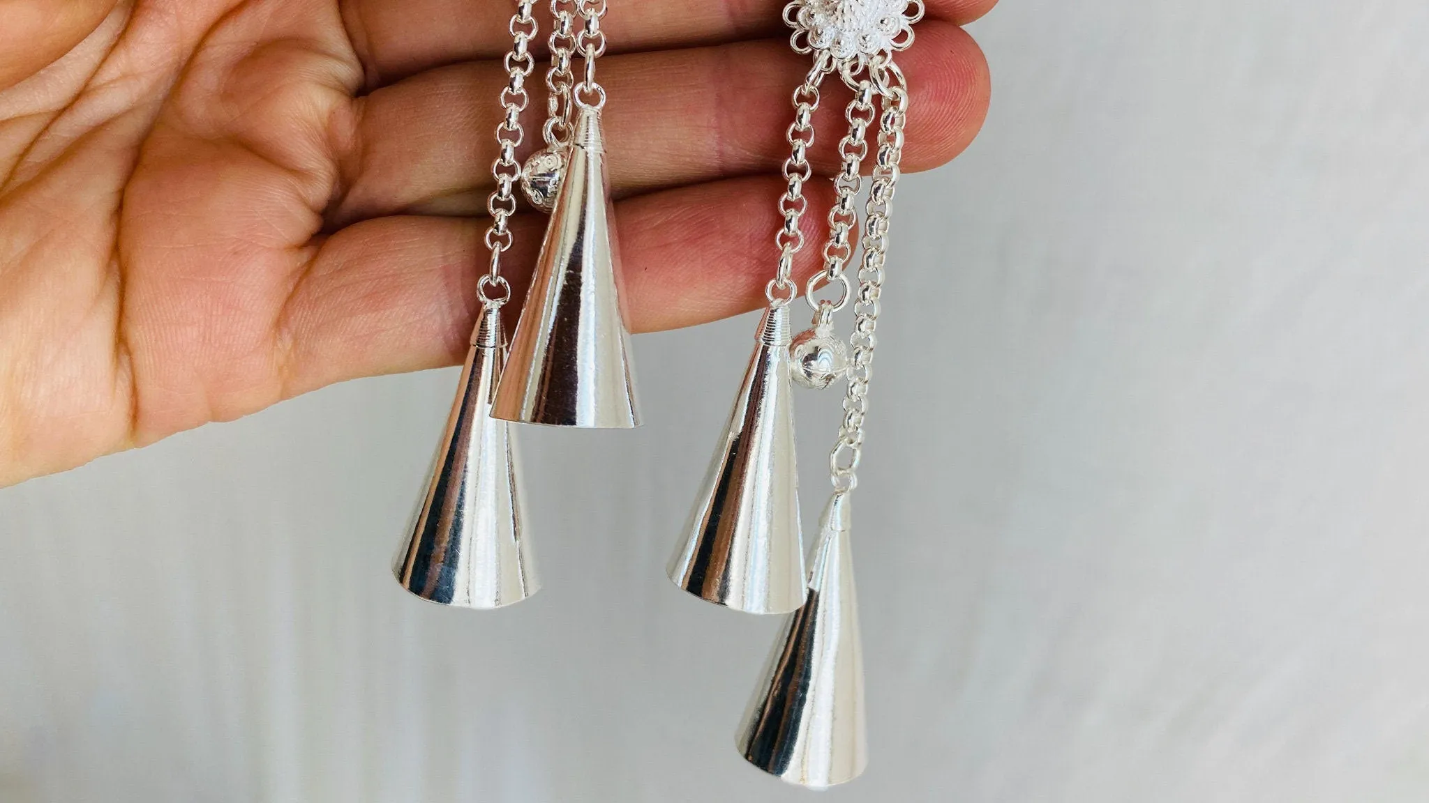 Long Silver Hmong Dangle Earrings. 0026