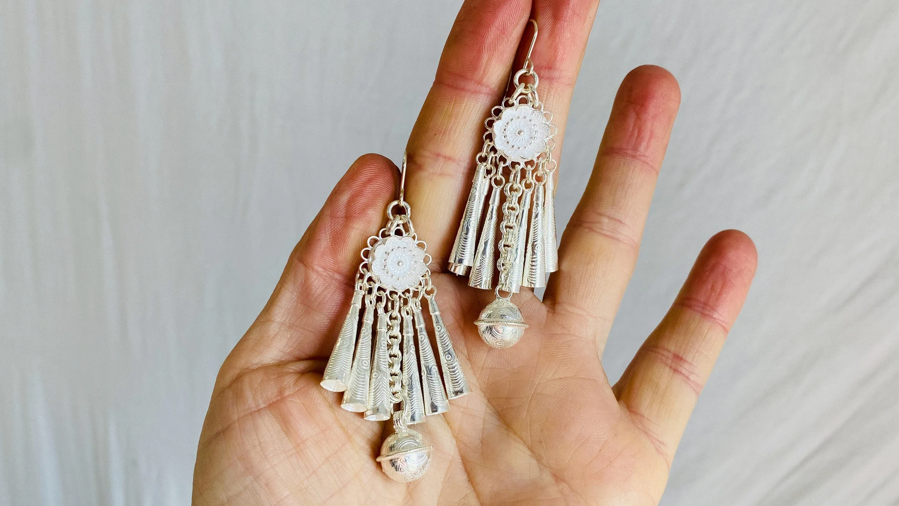 Long Silver Hmong Dangle Earrings. 0109