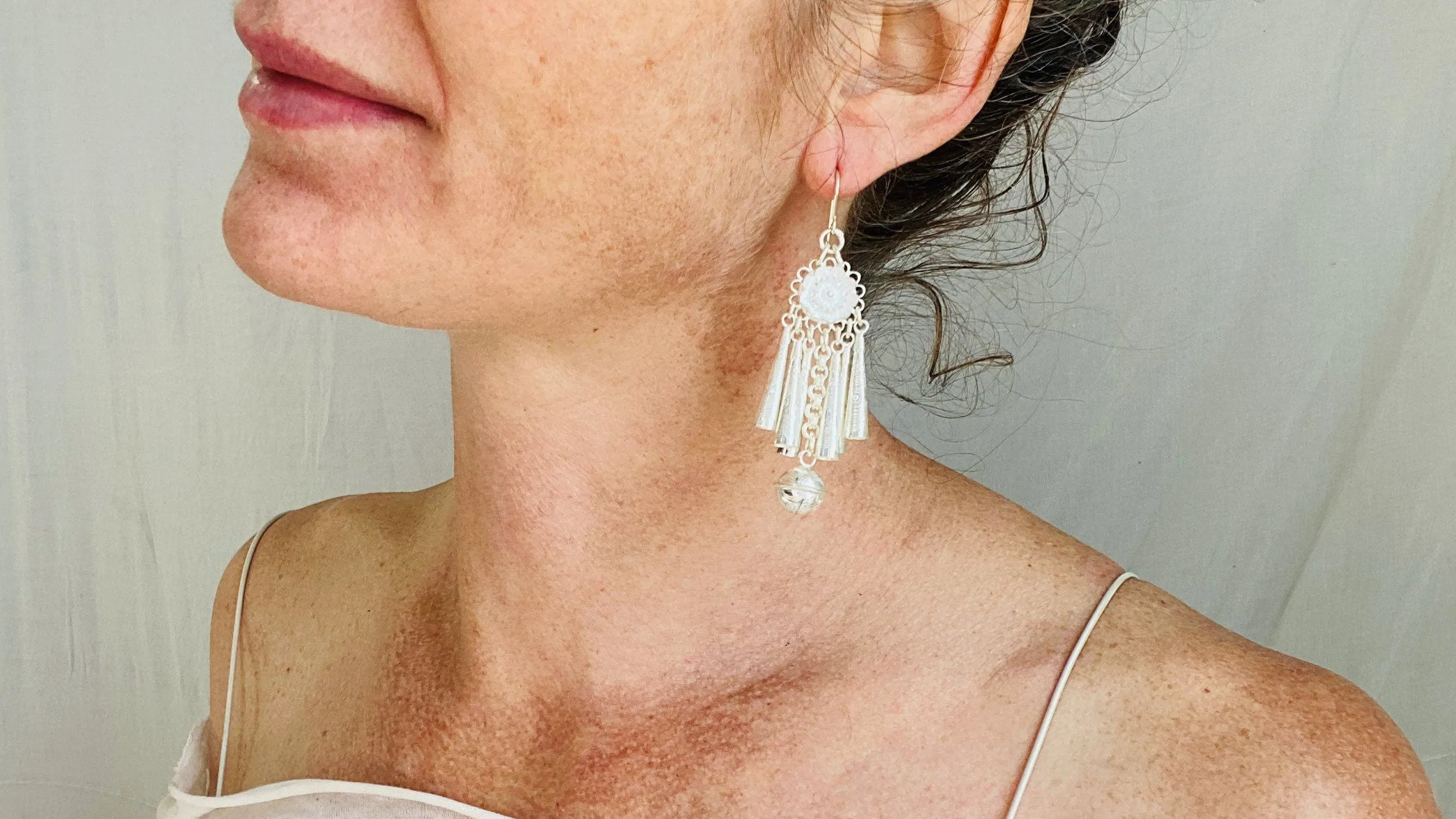 Long Silver Hmong Dangle Earrings. 0109