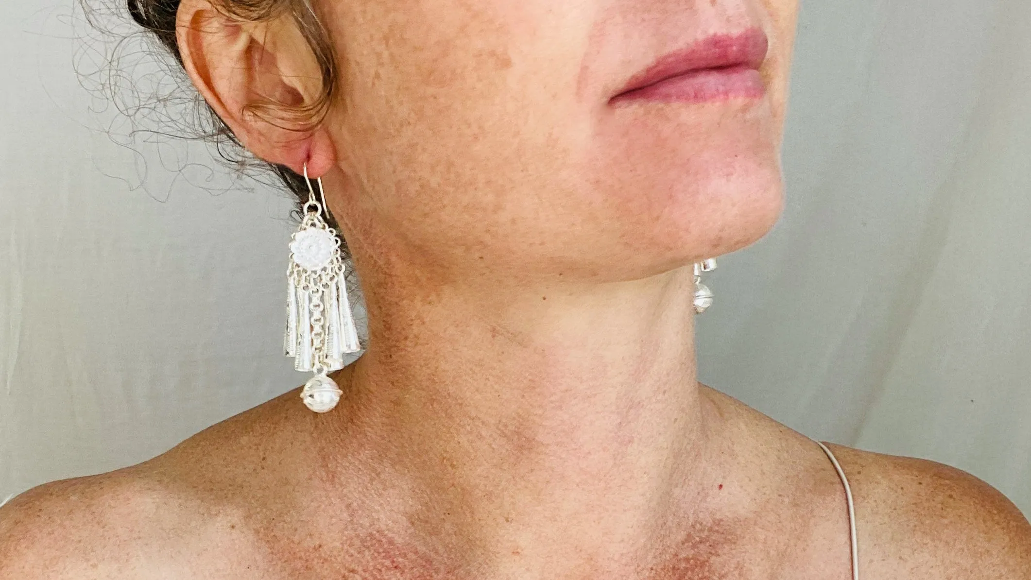 Long Silver Hmong Dangle Earrings. 0109