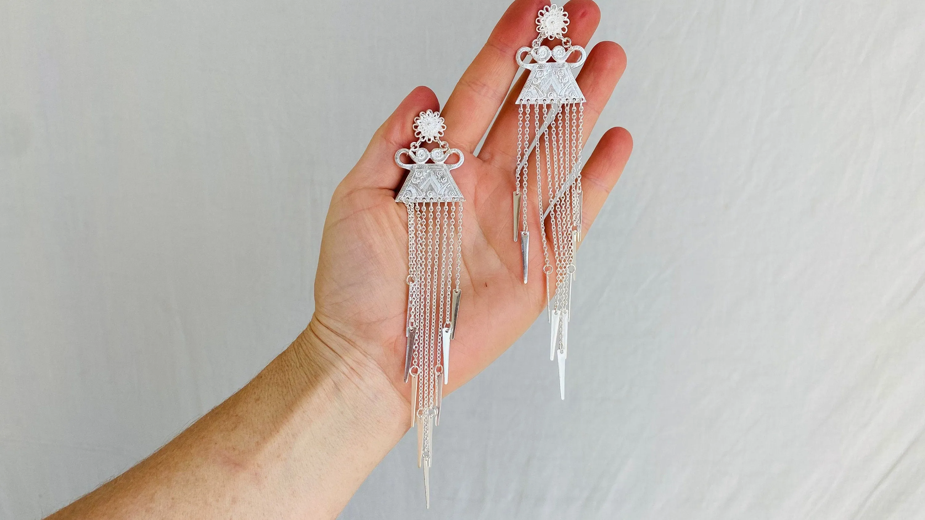 Long Silver Hmong Dangle Earrings. 0111
