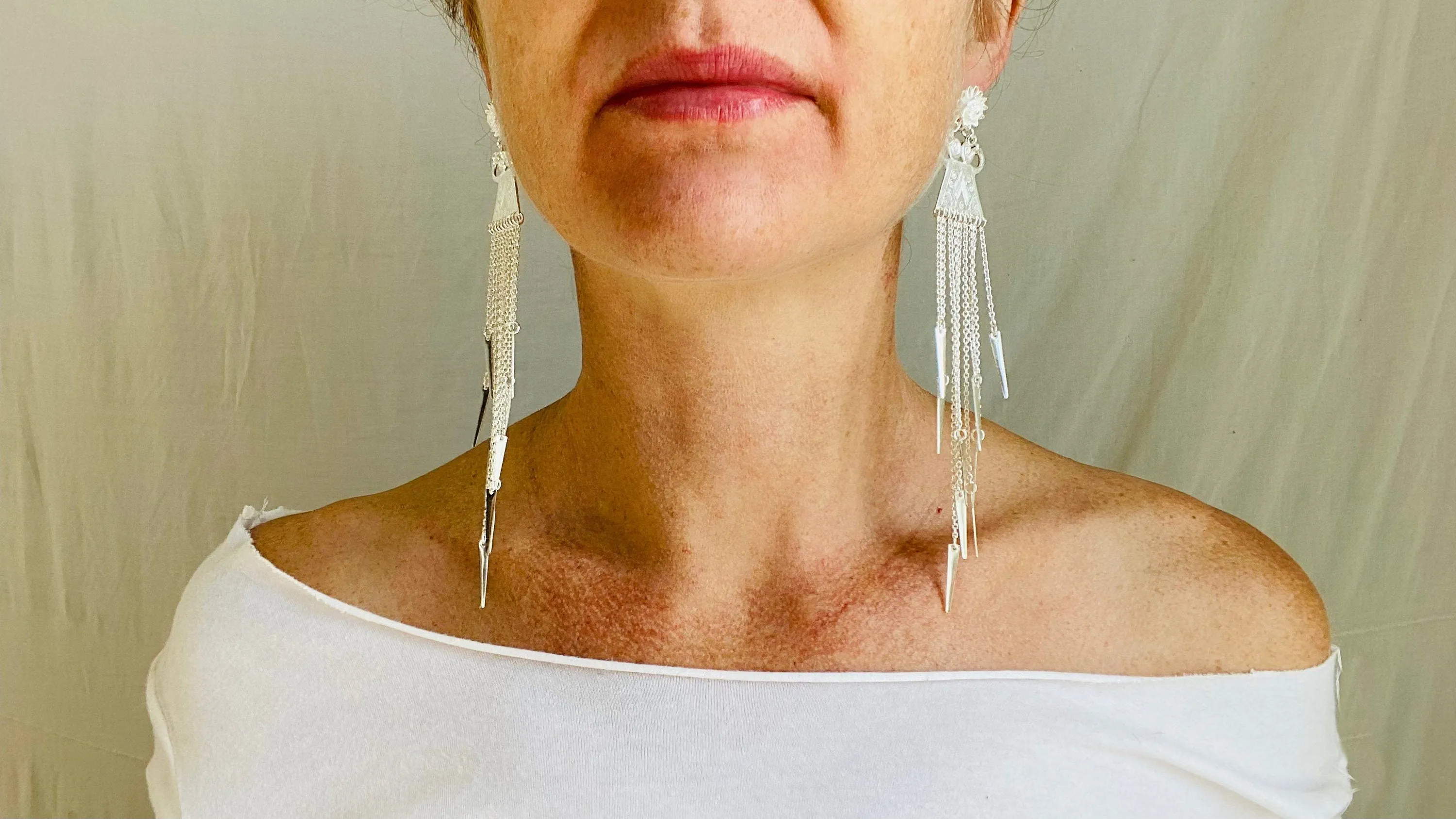 Long Silver Hmong Dangle Earrings. 0111
