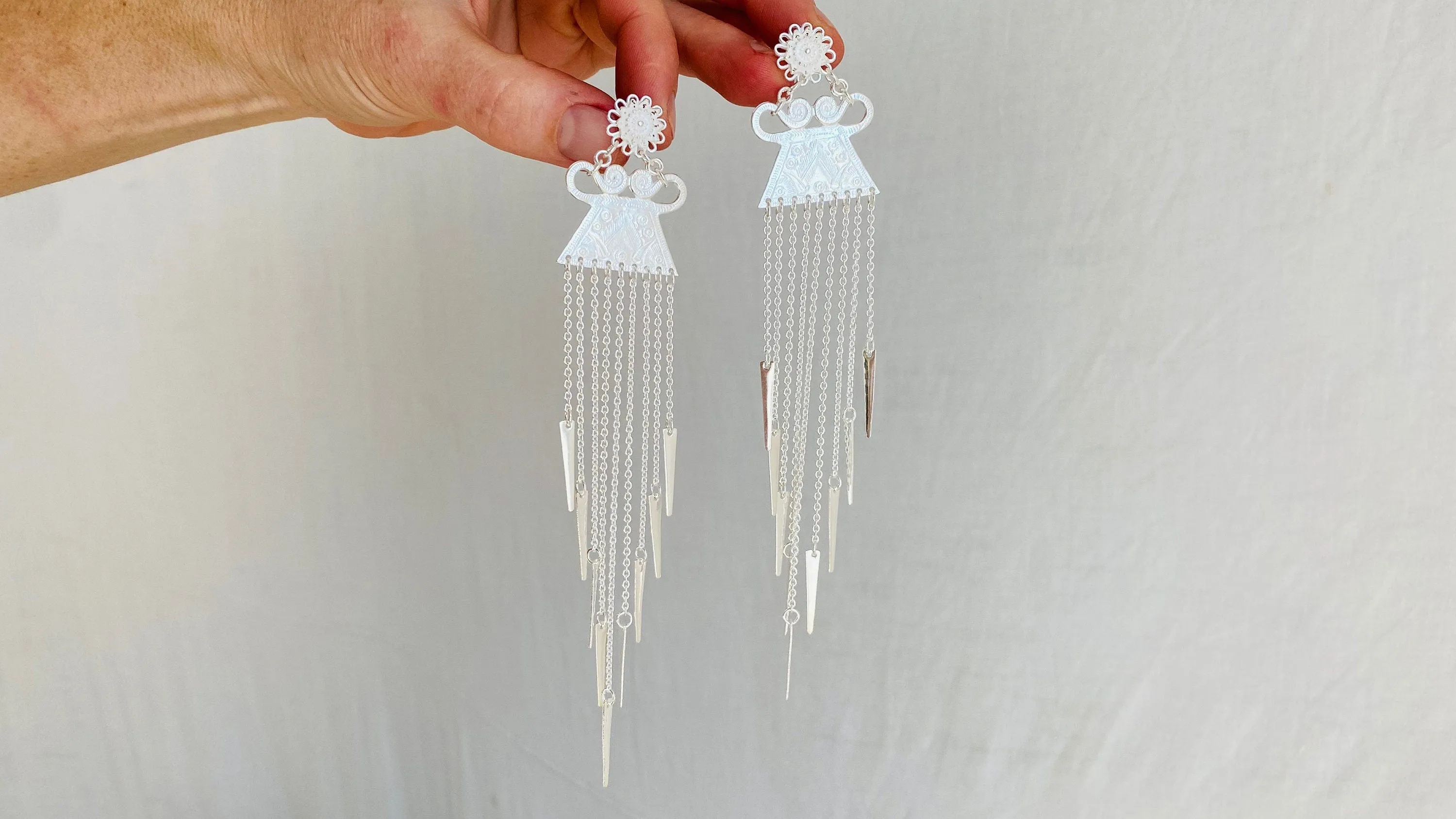 Long Silver Hmong Dangle Earrings. 0111