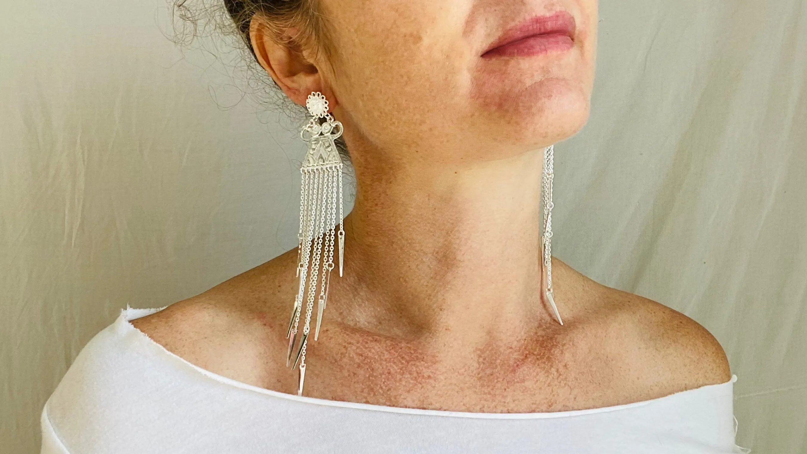 Long Silver Hmong Dangle Earrings. 0111