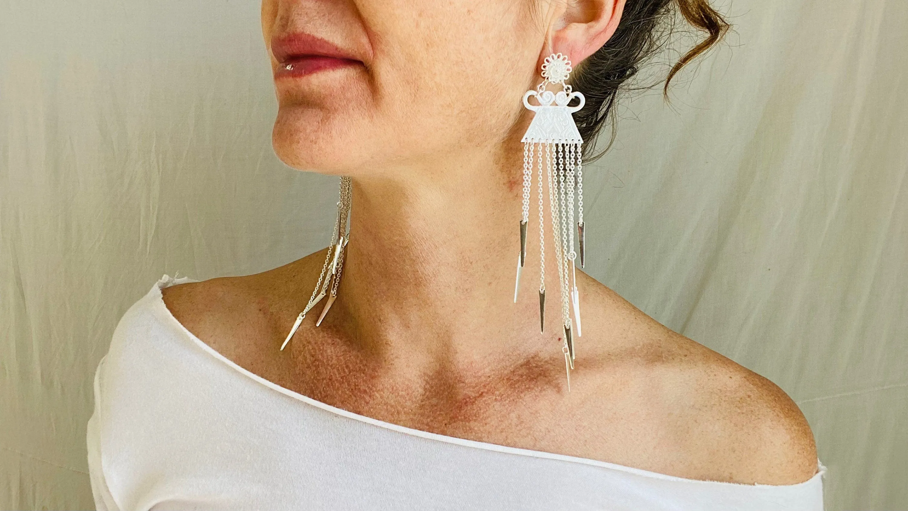 Long Silver Hmong Dangle Earrings. 0111