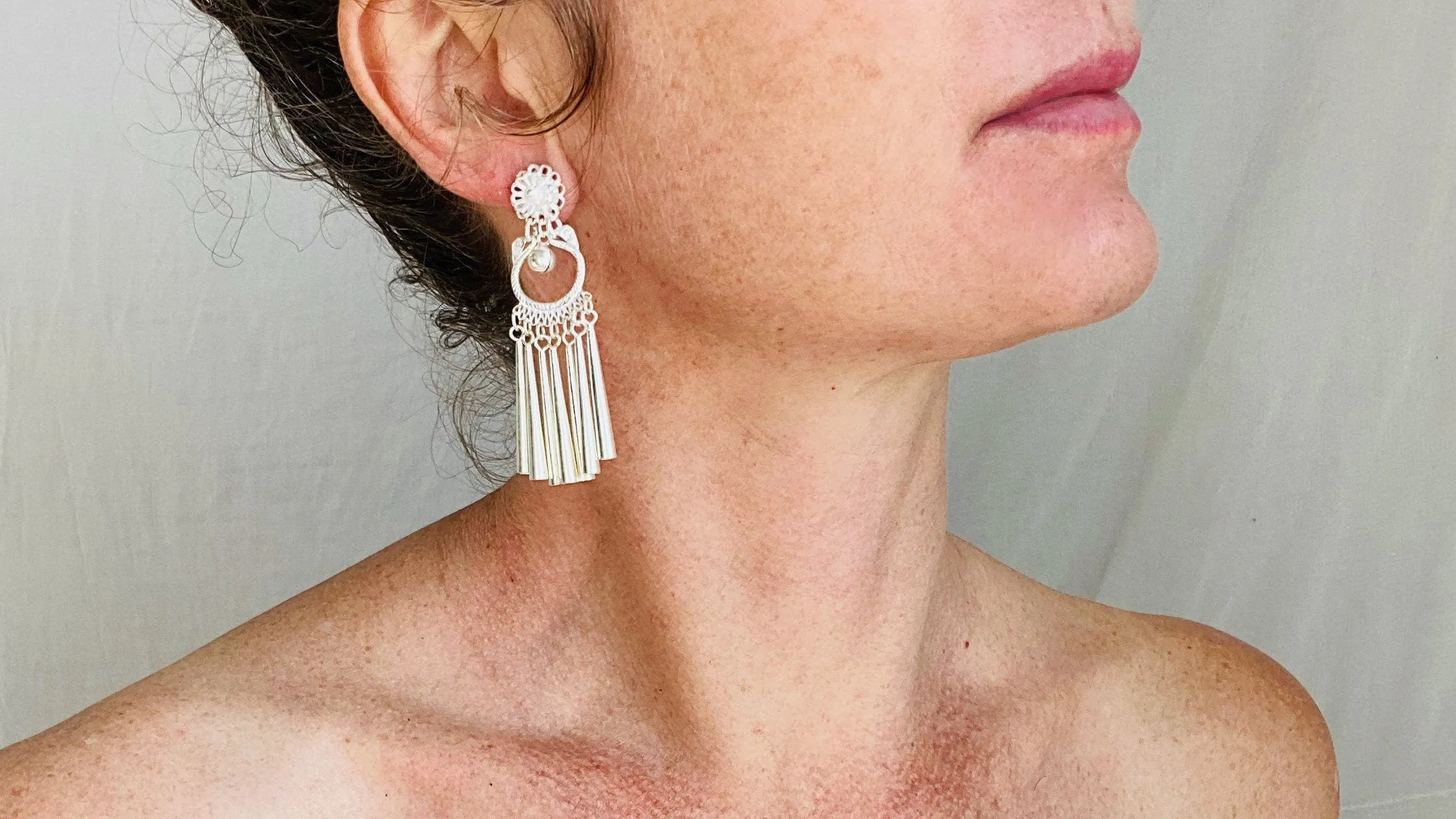 Long Silver Hmong Dangle Earrings. 0114