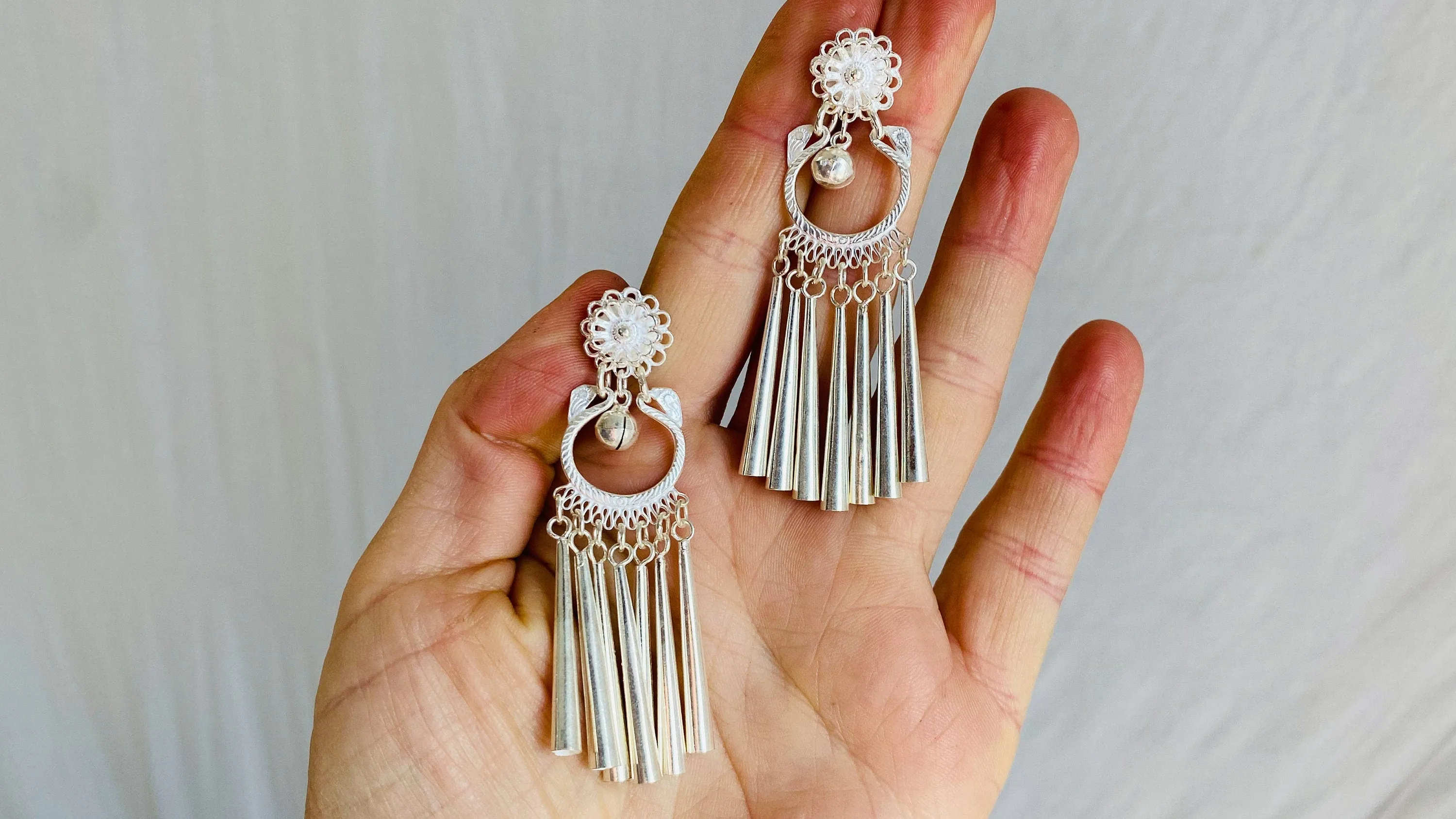 Long Silver Hmong Dangle Earrings. 0114