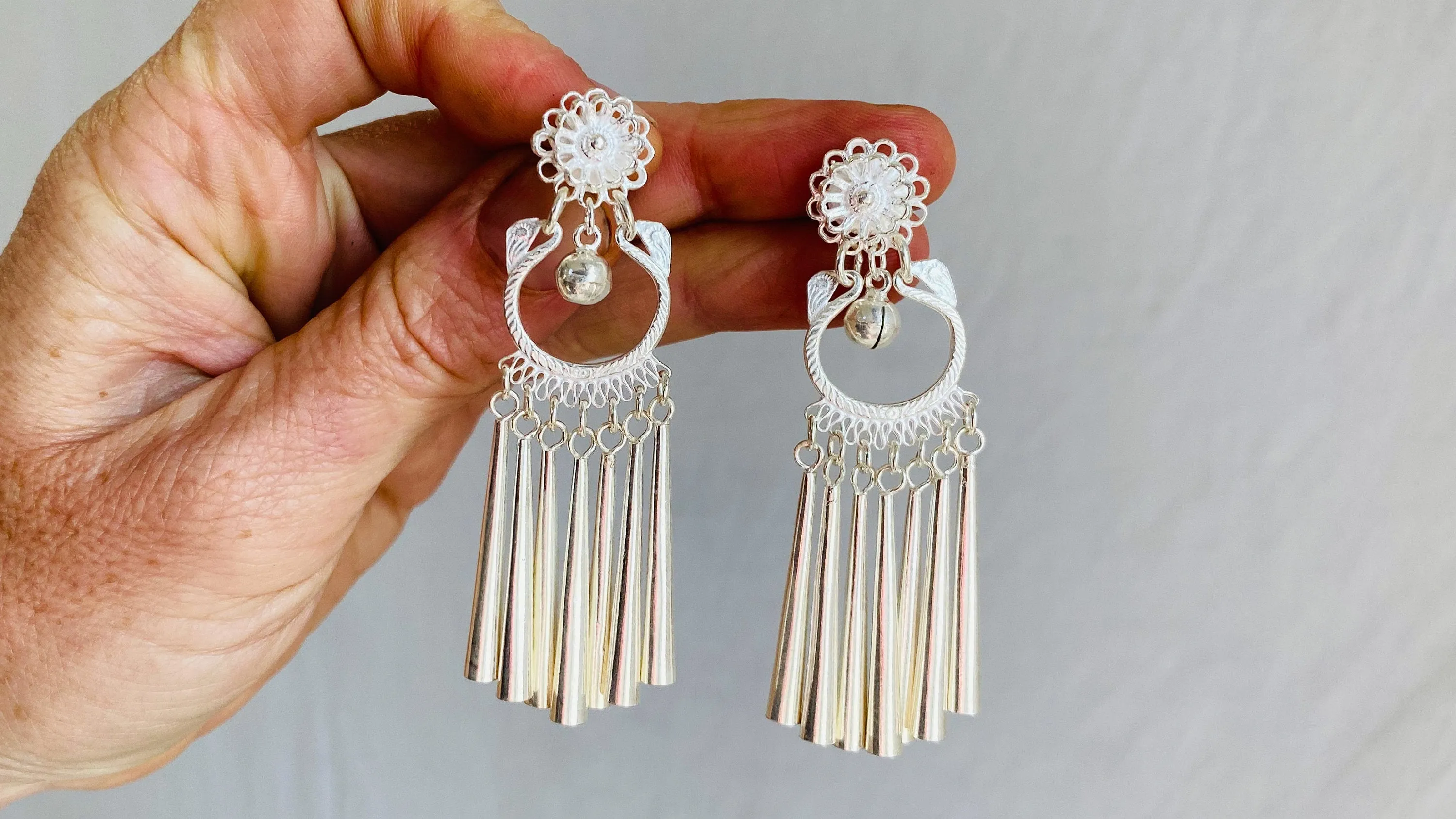 Long Silver Hmong Dangle Earrings. 0114
