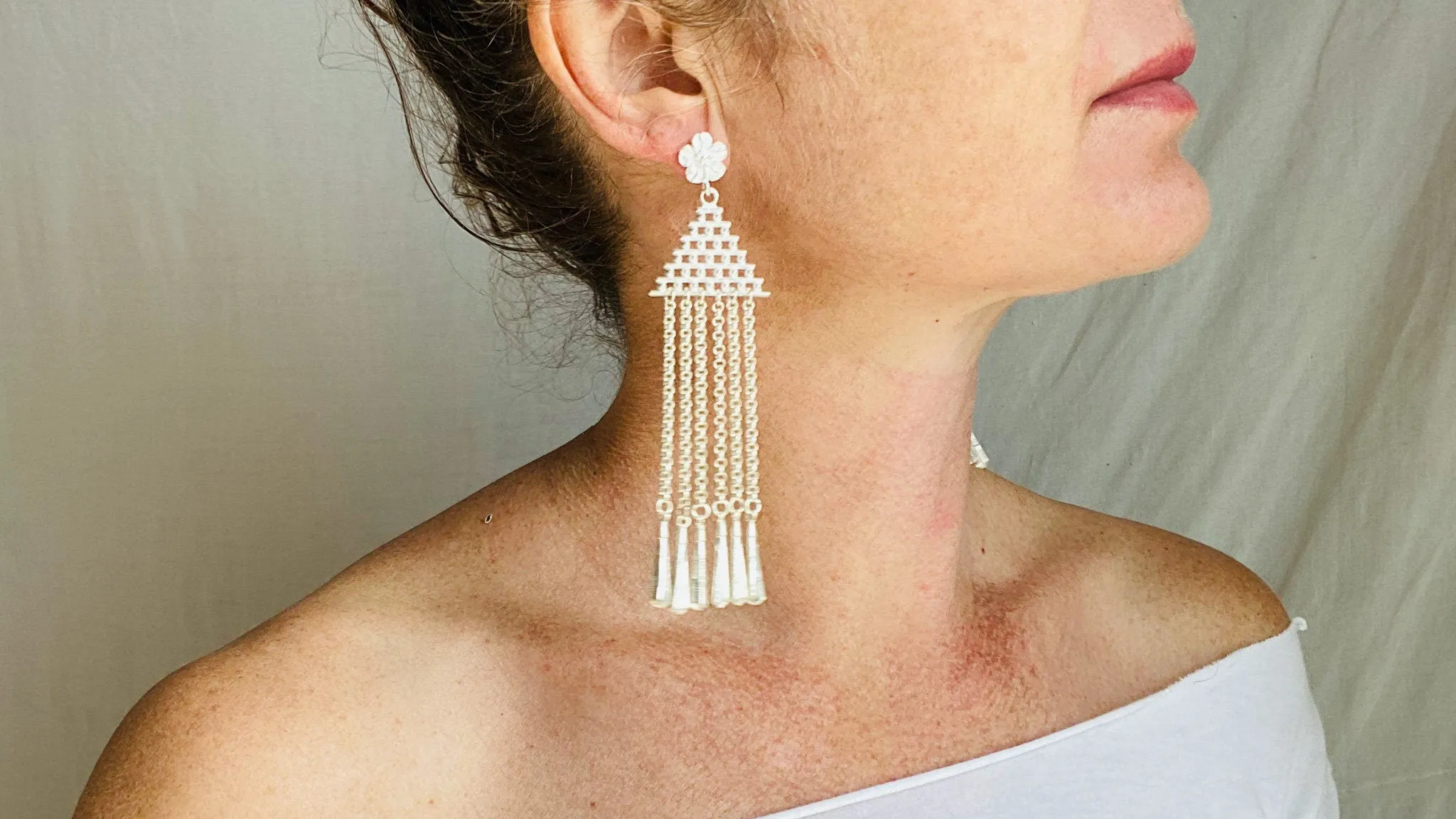 Long Silver Hmong Dangle Earrings. 0123