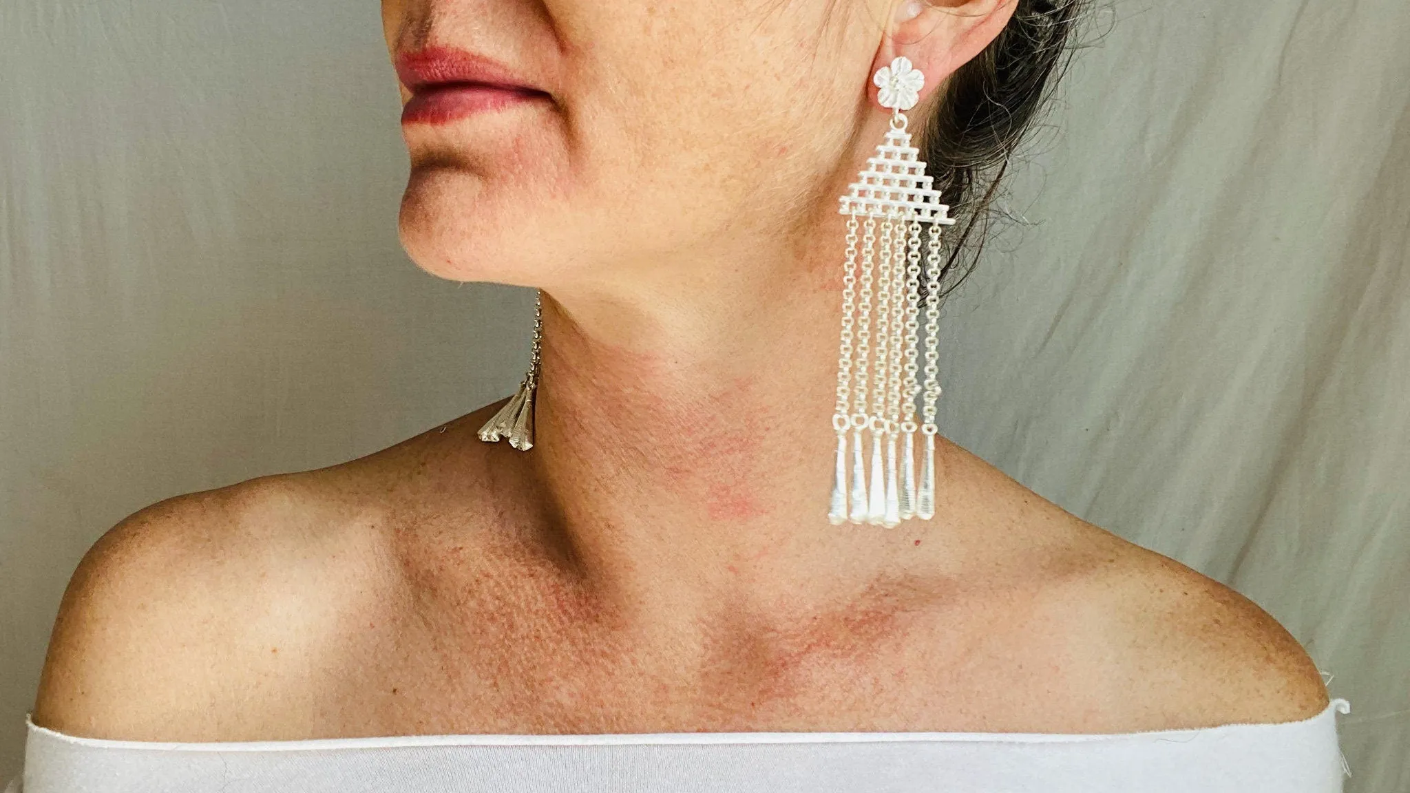Long Silver Hmong Dangle Earrings. 0123
