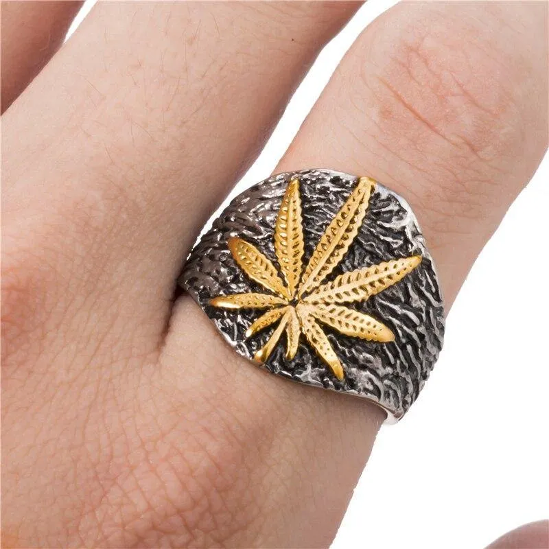 Mens Stainless Steel Weed Leaf Symbol Signet Ring