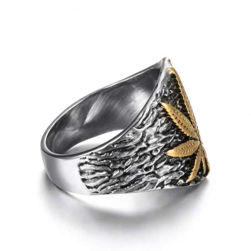 Mens Stainless Steel Weed Leaf Symbol Signet Ring