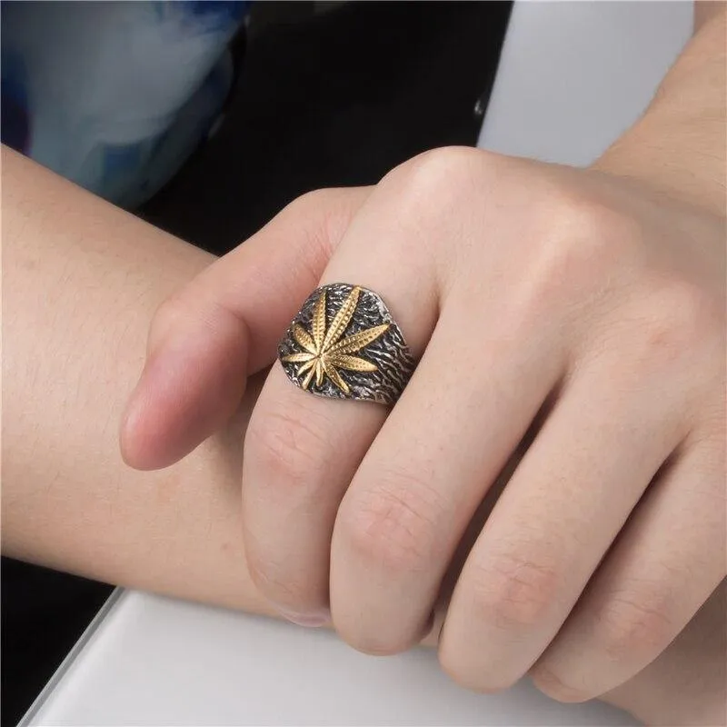 Mens Stainless Steel Weed Leaf Symbol Signet Ring
