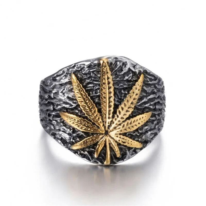 Mens Stainless Steel Weed Leaf Symbol Signet Ring