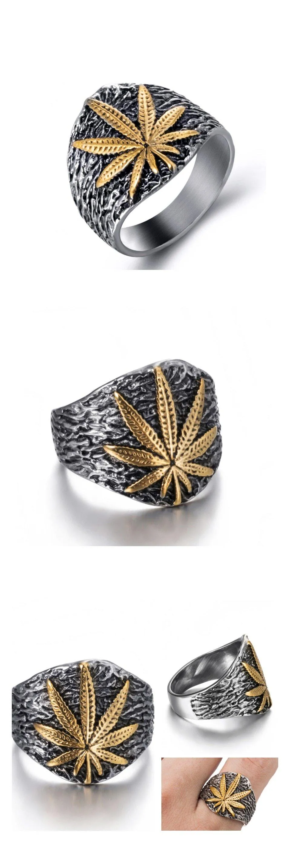 Mens Stainless Steel Weed Leaf Symbol Signet Ring