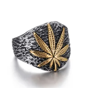 Mens Stainless Steel Weed Leaf Symbol Signet Ring