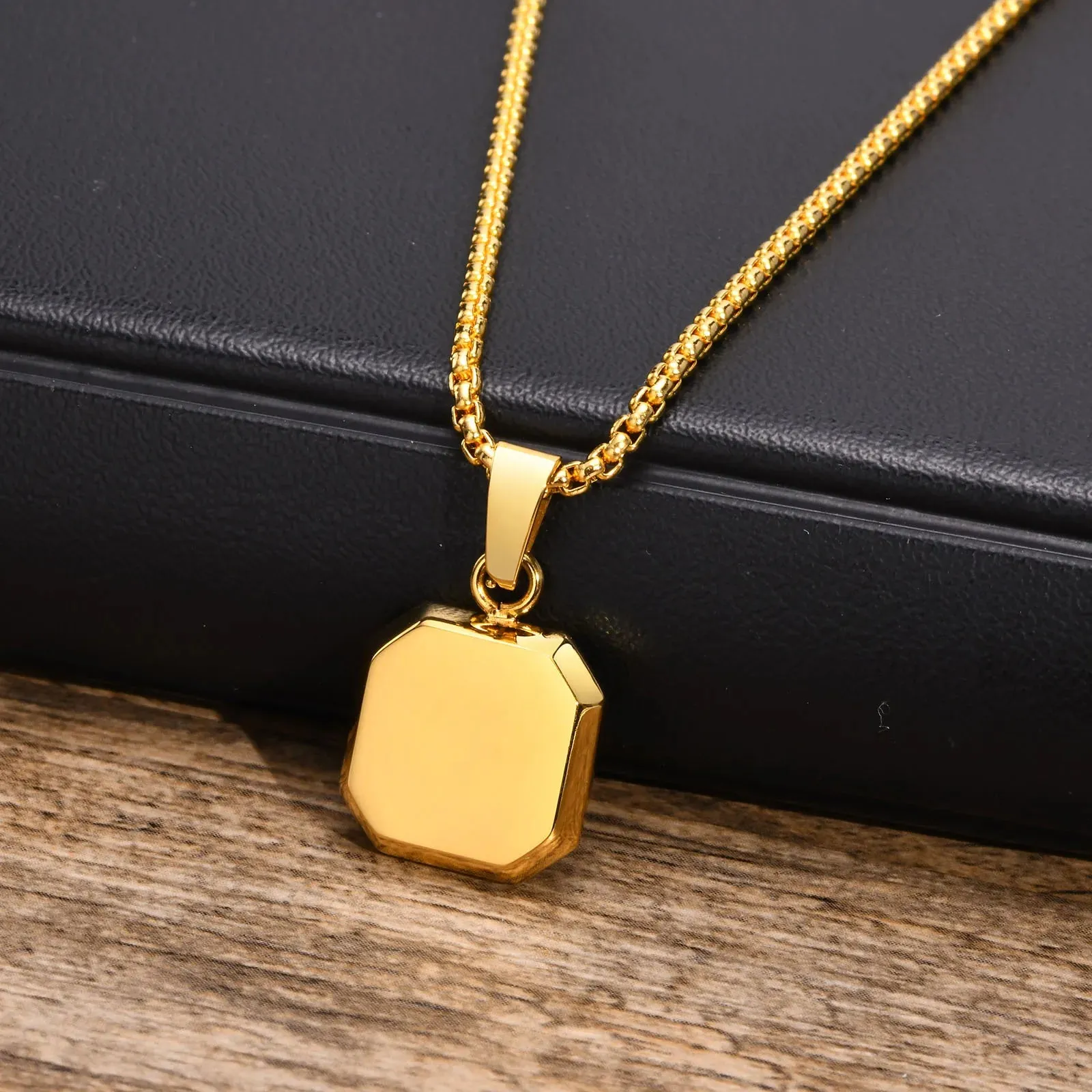Men's Stylish Gold Color Square Necklace with Lapis Lazuli Stone Pendant