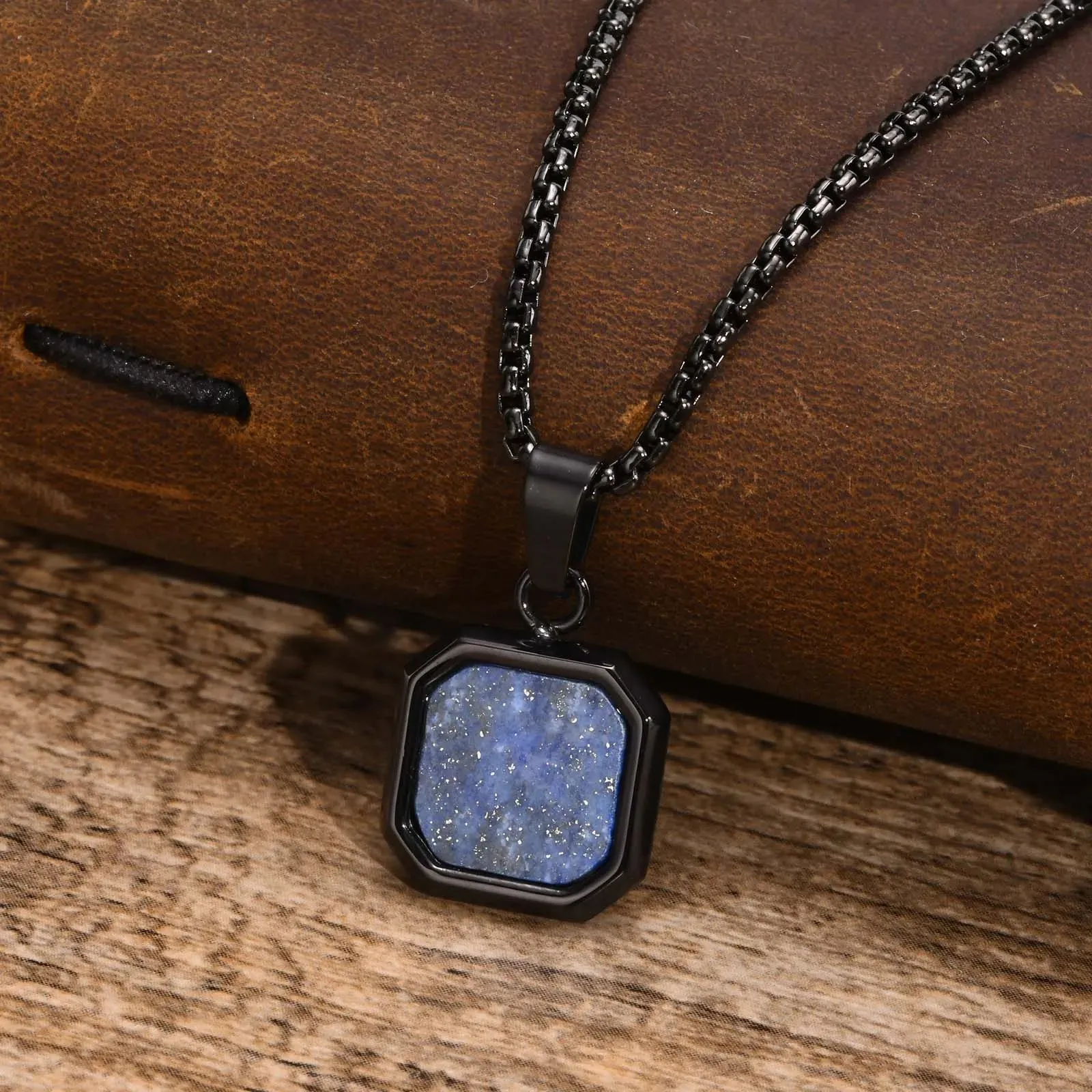 Men's Stylish Gold Color Square Necklace with Lapis Lazuli Stone Pendant