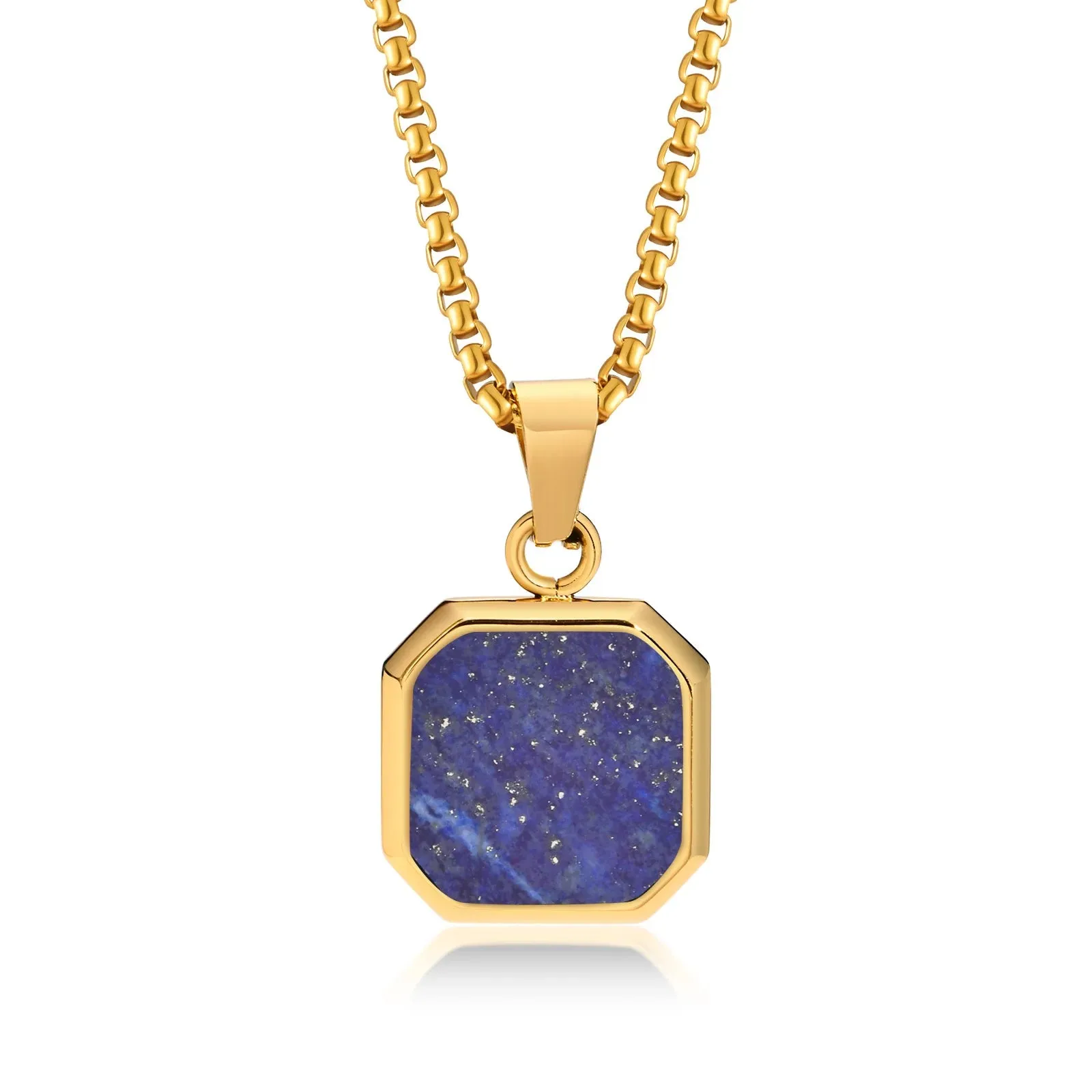 Men's Stylish Gold Color Square Necklace with Lapis Lazuli Stone Pendant
