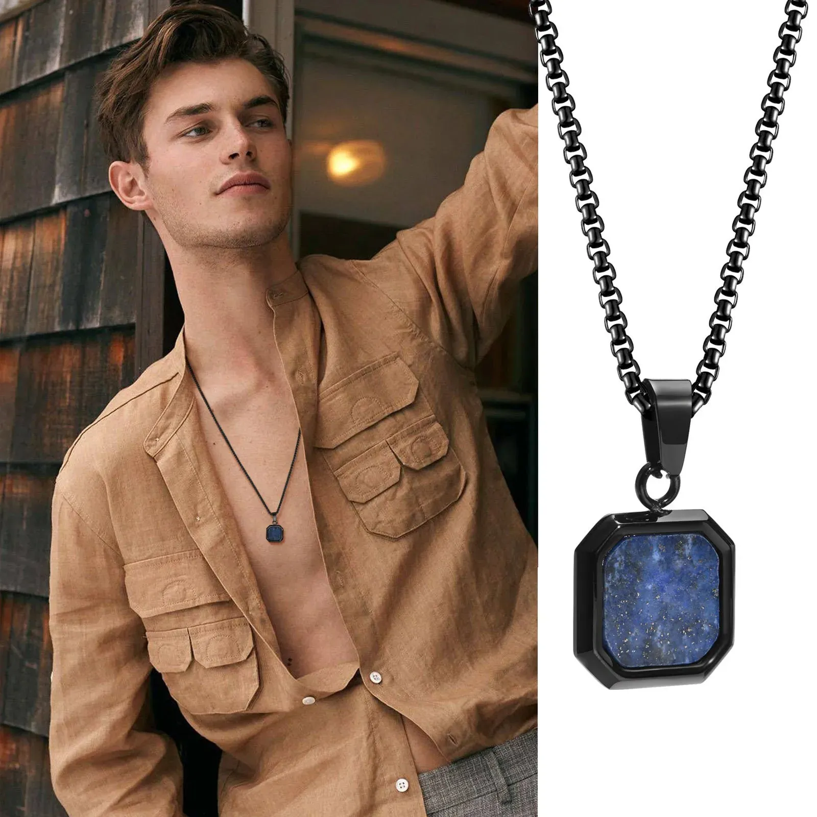 Men's Stylish Gold Color Square Necklace with Lapis Lazuli Stone Pendant