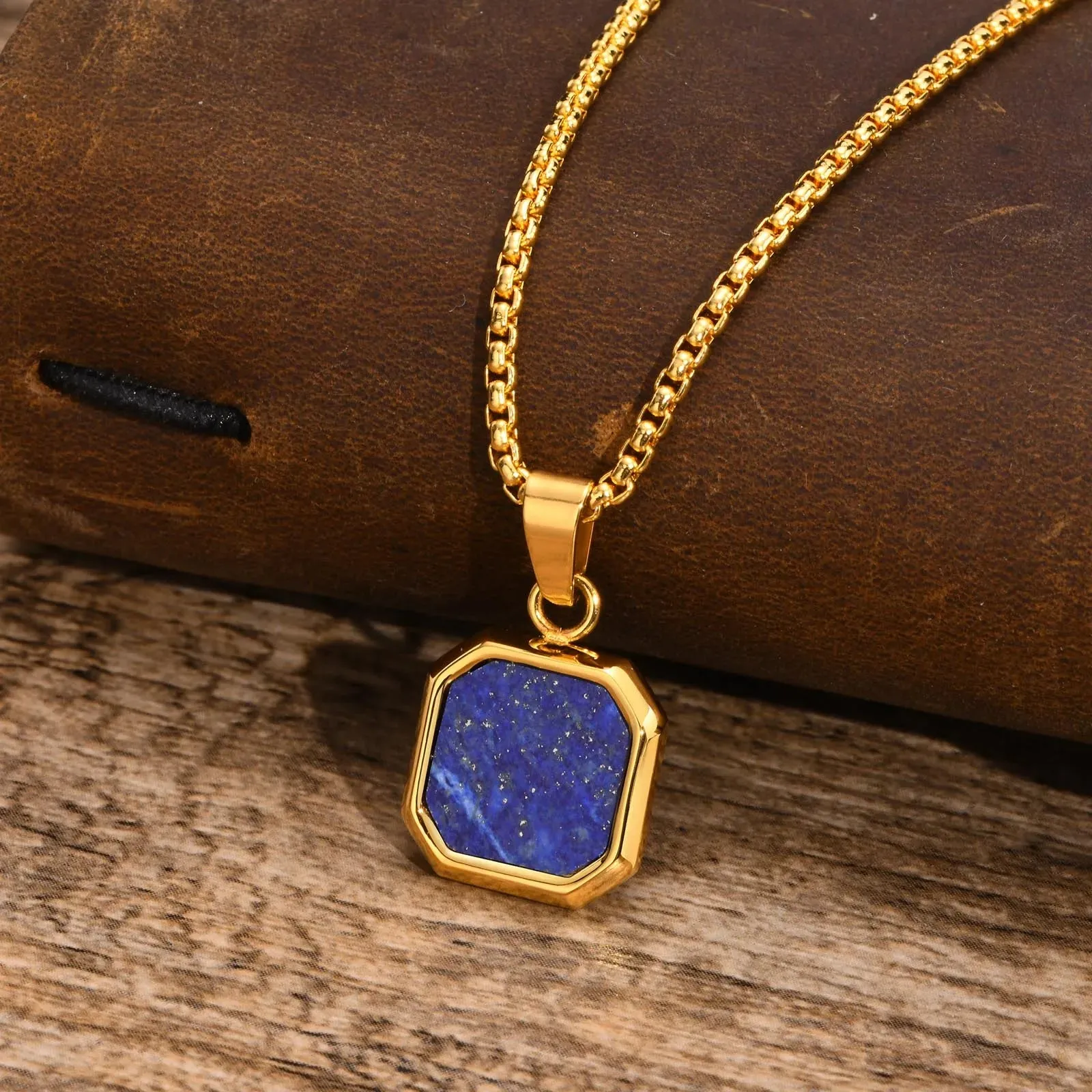Men's Stylish Gold Color Square Necklace with Lapis Lazuli Stone Pendant