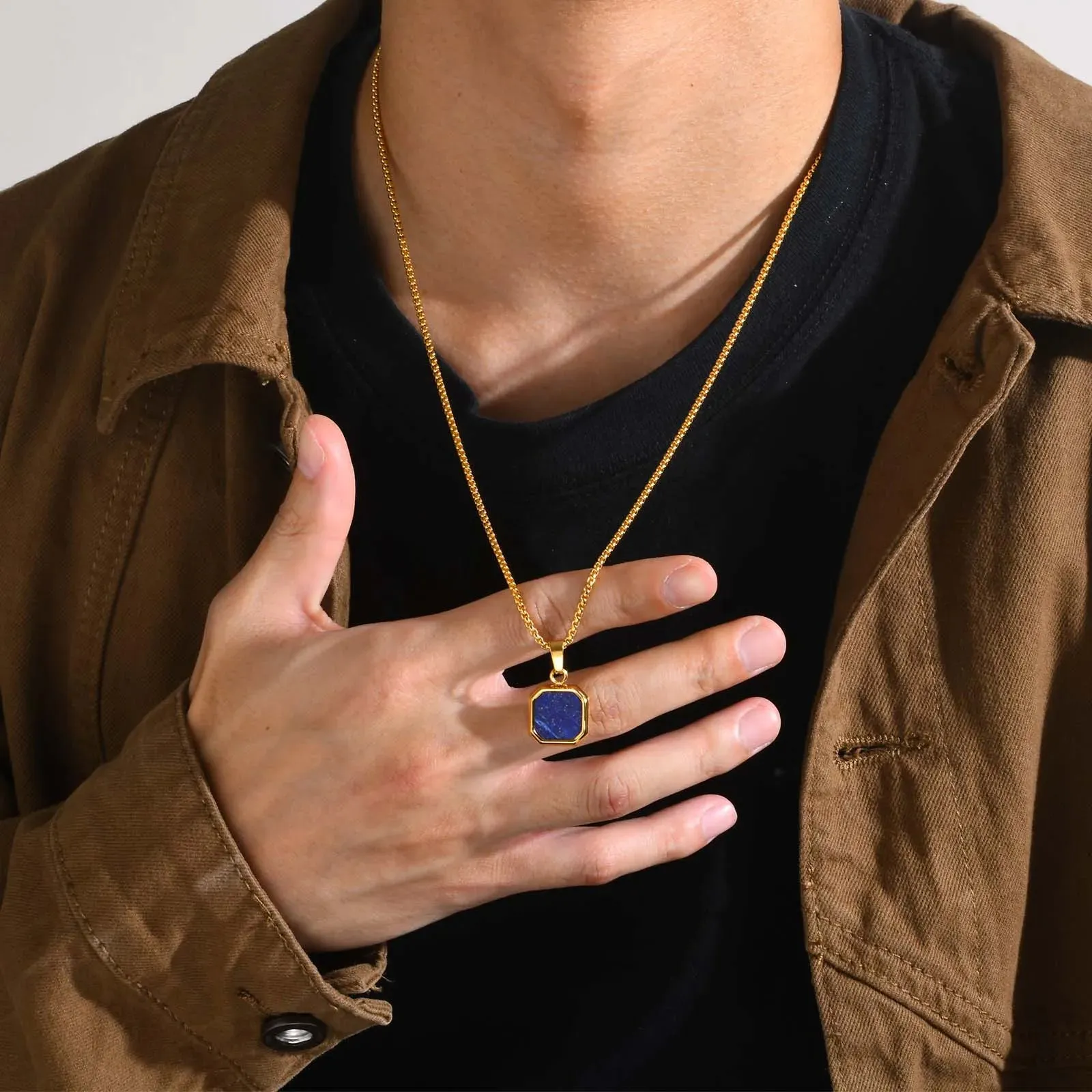 Men's Stylish Gold Color Square Necklace with Lapis Lazuli Stone Pendant