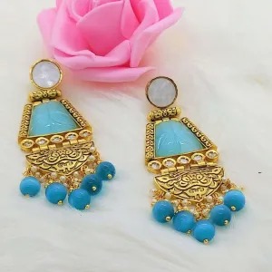 MIRZA- ANTIQUE SKY BLUE CARVED STONE KUNDAN EARRINGS
