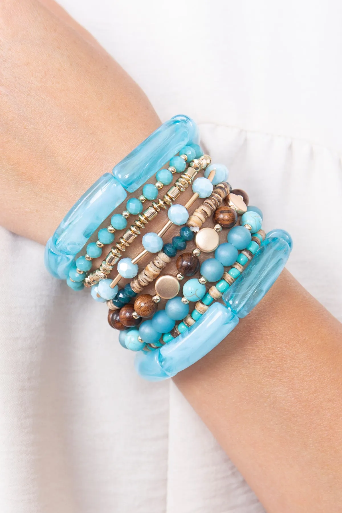 MIX BEADS, TUBULAR, WOOD, RONDELLE, CHARM VERSATILE STRETCH BRACELET/6PCS (NOW $3.00 ONLY!)