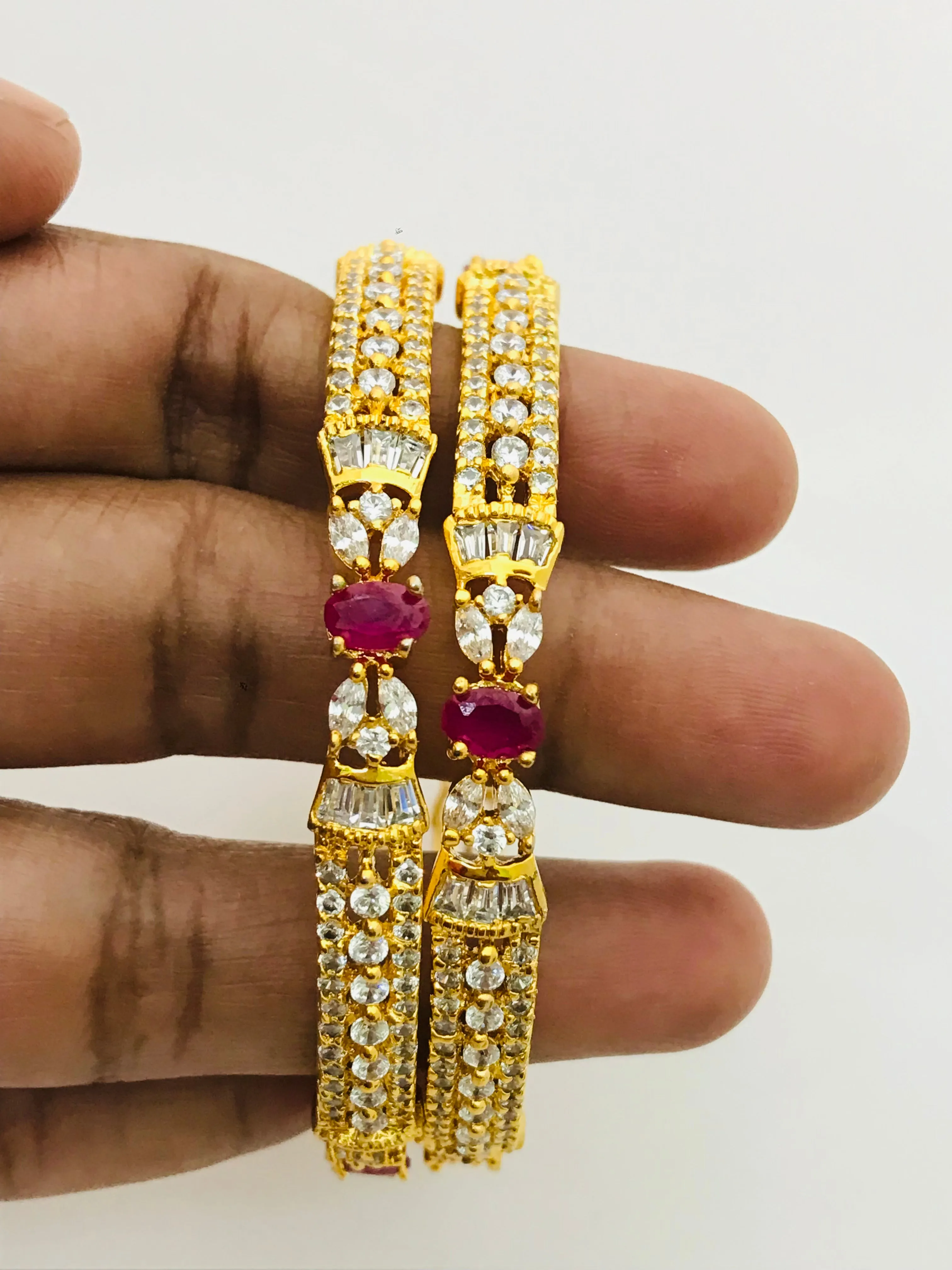 Modern Gold Plated Antique Bangles With Ruby And White Stones