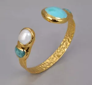 Modern  Jewelry Natural White Pearl Green Amazonites Gold Color Plated Bangle Bracelet For Women Vintage Style