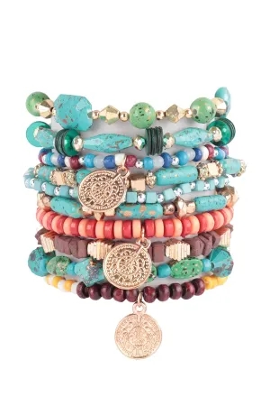 MULTI BEADS STONE, DISK, PENDANT LAYERED STACKABLE VERSATILE CHARM BRACELET