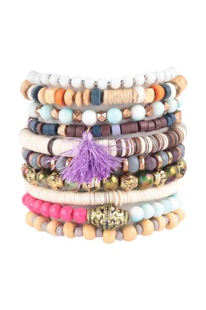 MULTI BEADS WOOD, DISK, HEART PENDANT LAYERED STACKABLE VERSATILE CHARM BRACELET