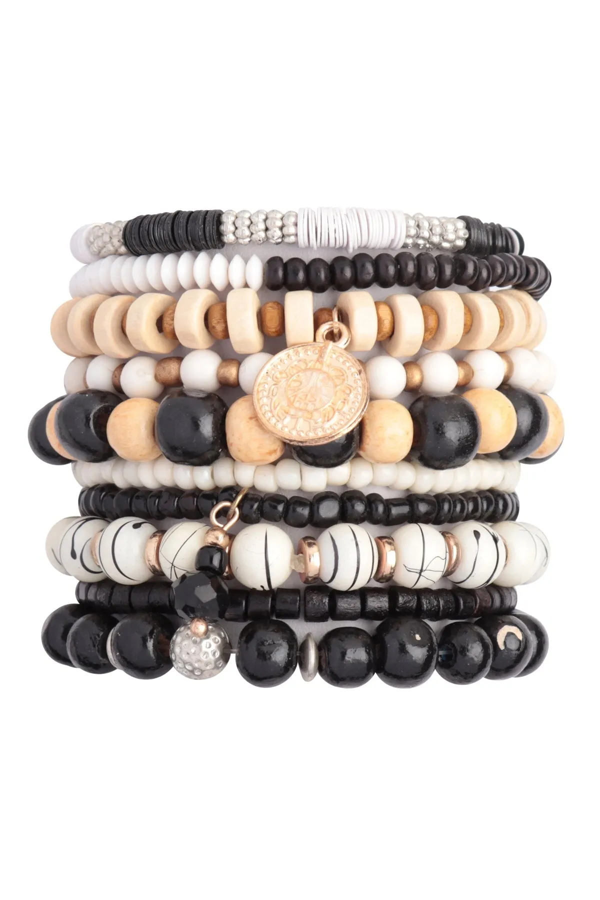 MULTI BEADS WOOD DISK PENDANT LAYERED VERSATILE CHARM BRACELET