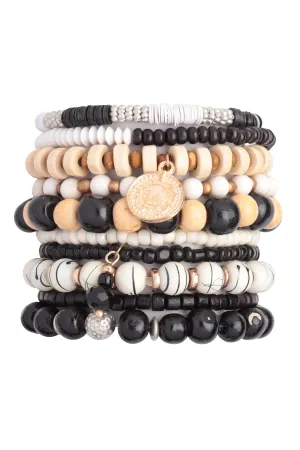 MULTI BEADS WOOD DISK PENDANT LAYERED VERSATILE CHARM BRACELET