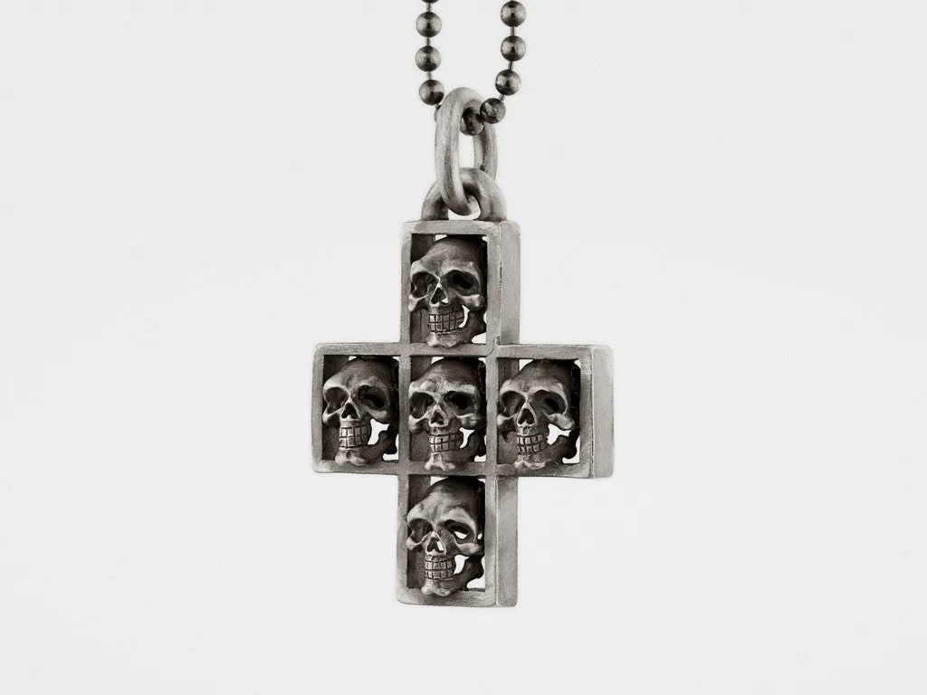 Multi Skull Cross Pendant Necklace in Sterling Silver