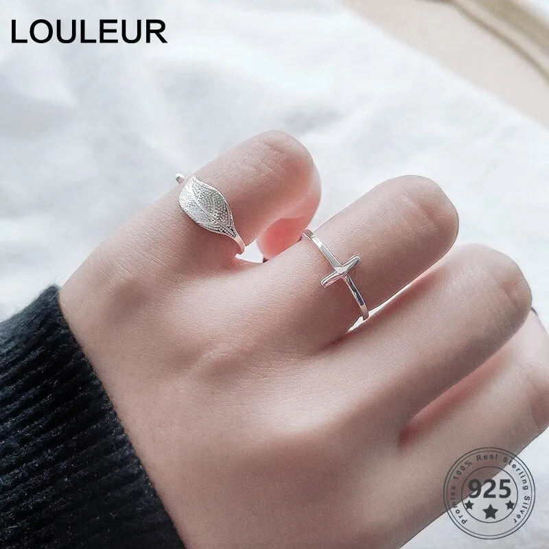 New 925 Sterling Silver simple leaf/cross ring female small fresh leaf