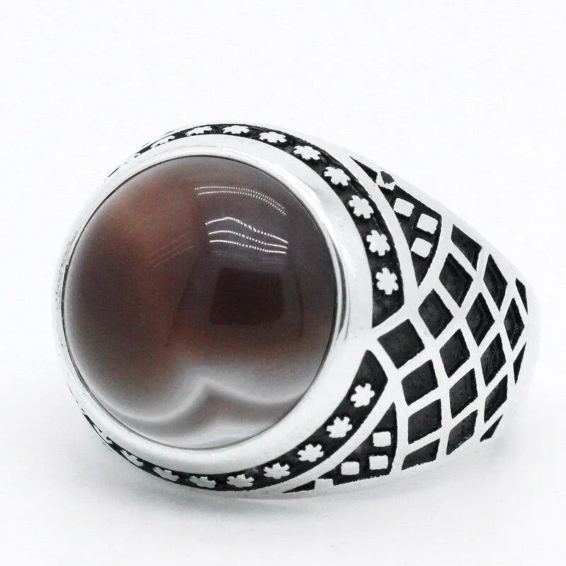 New Vintage Men Ring with Natural Agate Stone in Sterling Silver