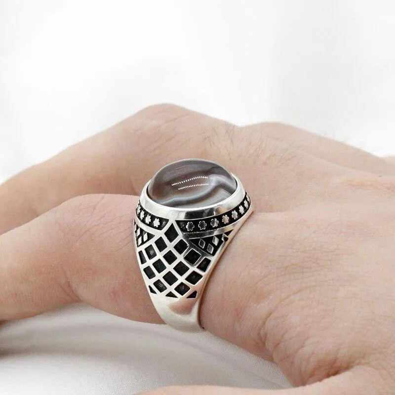 New Vintage Men Ring with Natural Agate Stone in Sterling Silver