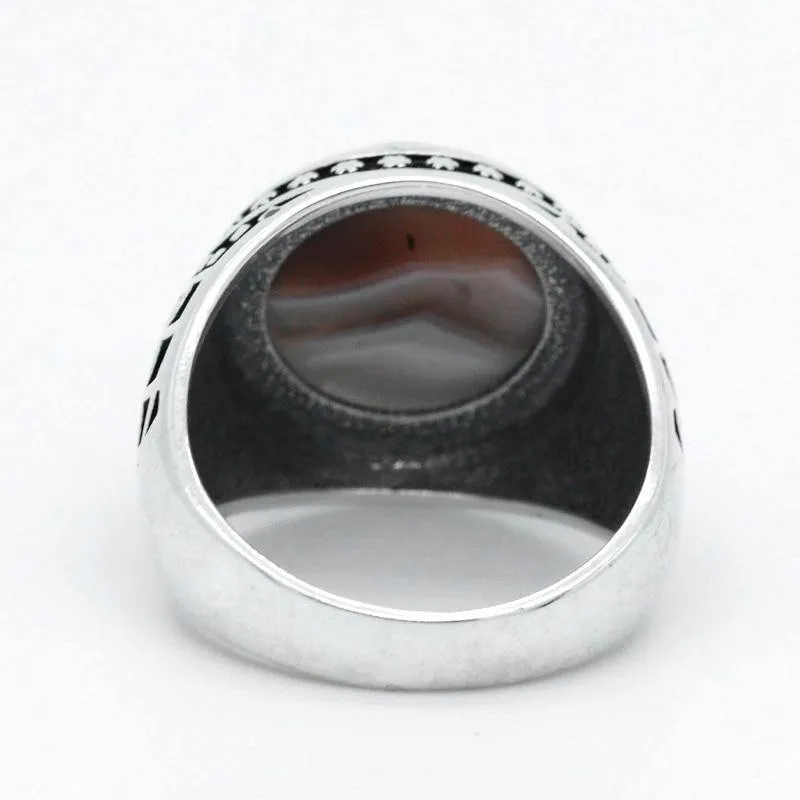 New Vintage Men Ring with Natural Agate Stone in Sterling Silver