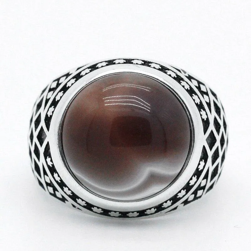 New Vintage Men Ring with Natural Agate Stone in Sterling Silver