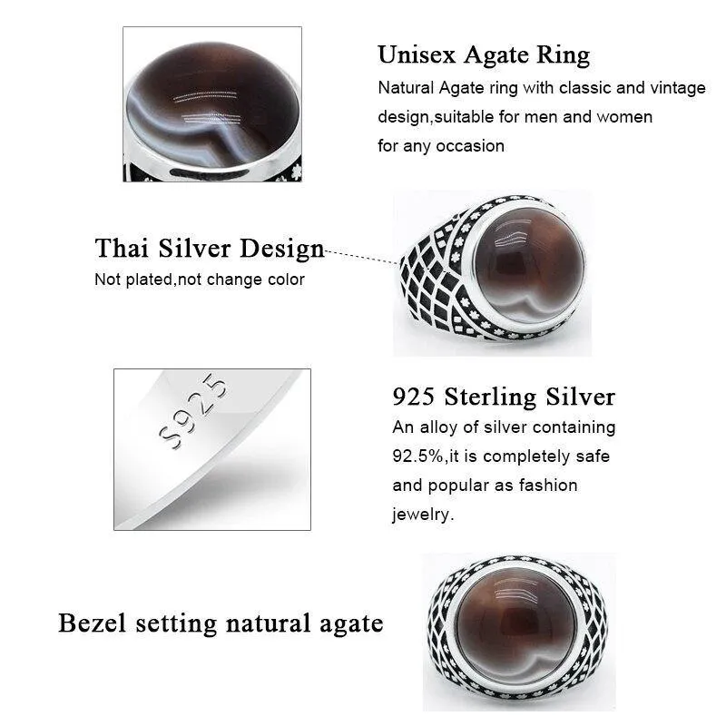 New Vintage Men Ring with Natural Agate Stone in Sterling Silver