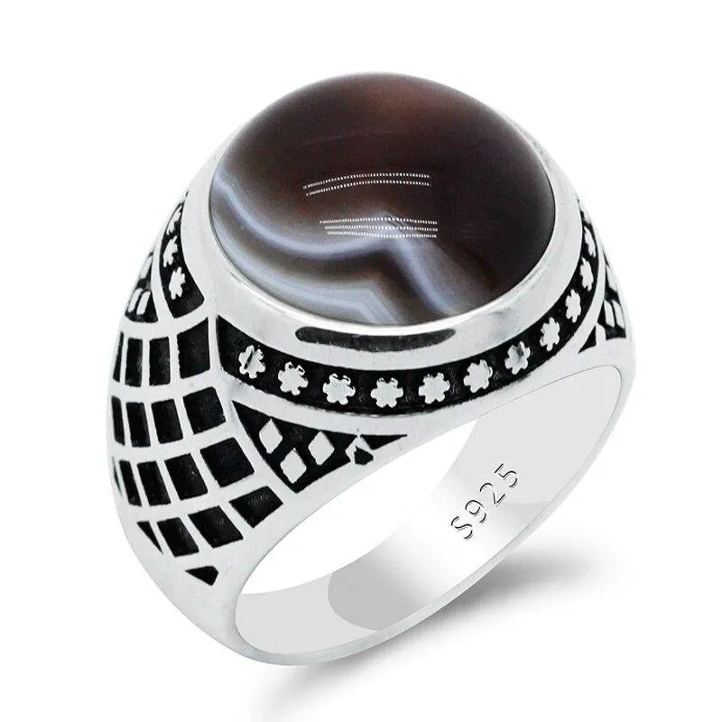 New Vintage Men Ring with Natural Agate Stone in Sterling Silver